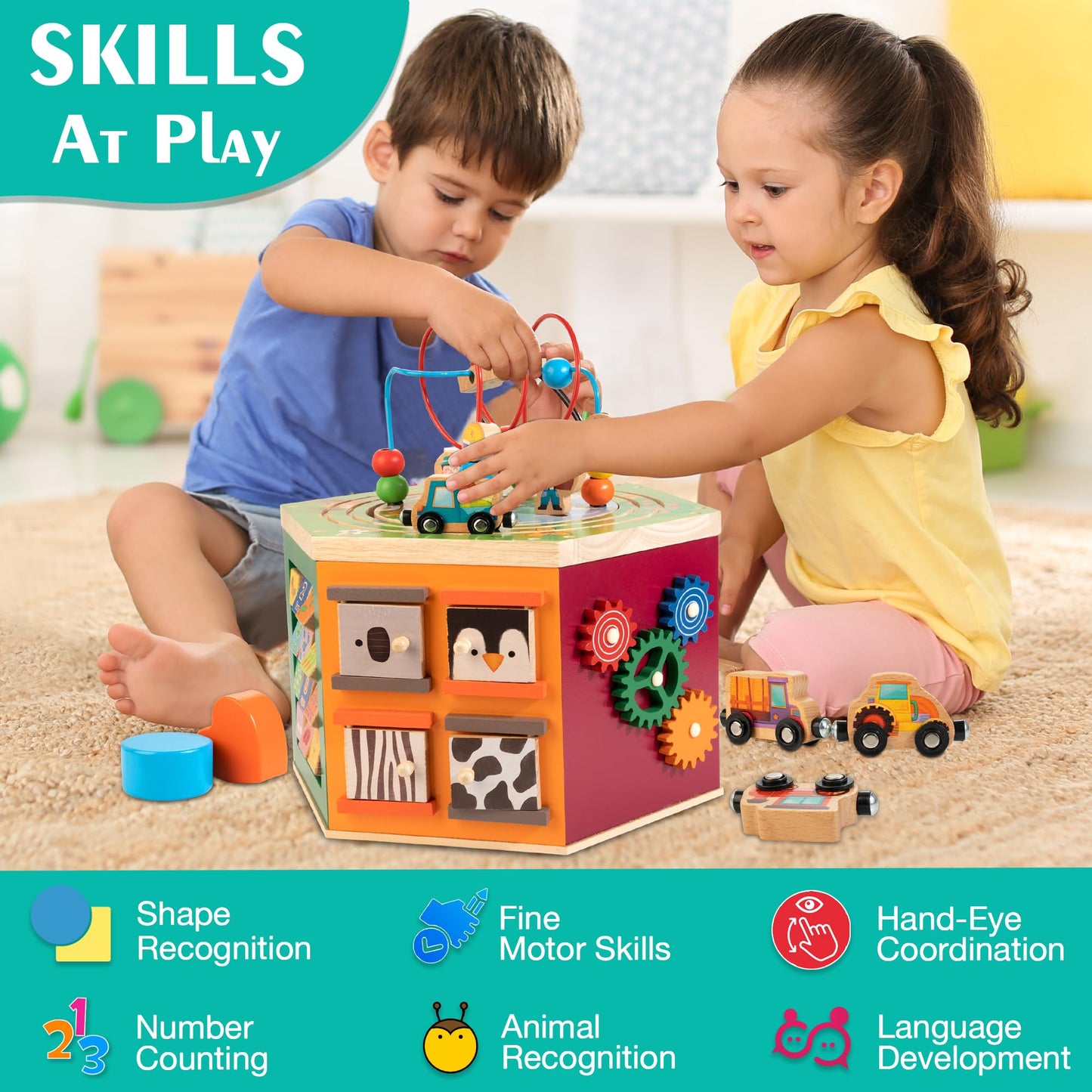 Woodmam Large Activity Cube, 9-In-1 Farm-Themed Wooden Play Center, Multipurpose Montessori Toy For 1-2 Year Old Baby Toddler Kid, First Birthday Gift | Bonus Magnetic Train Cars