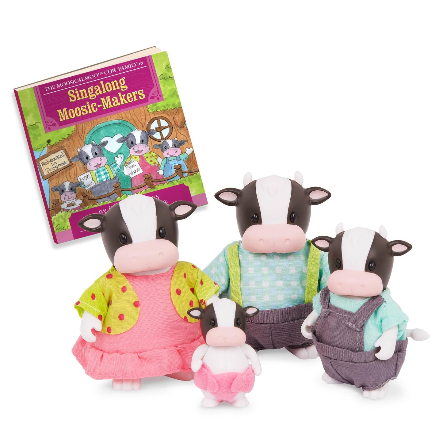 Li'L Woodzeez – The Moosicalmoo Cow Family – Non Flocked – Set Of 4 Collectible Posable Cow Figures With Storybook – Pretend Play Doll Figures – Gift Toy For Kids Age 3+