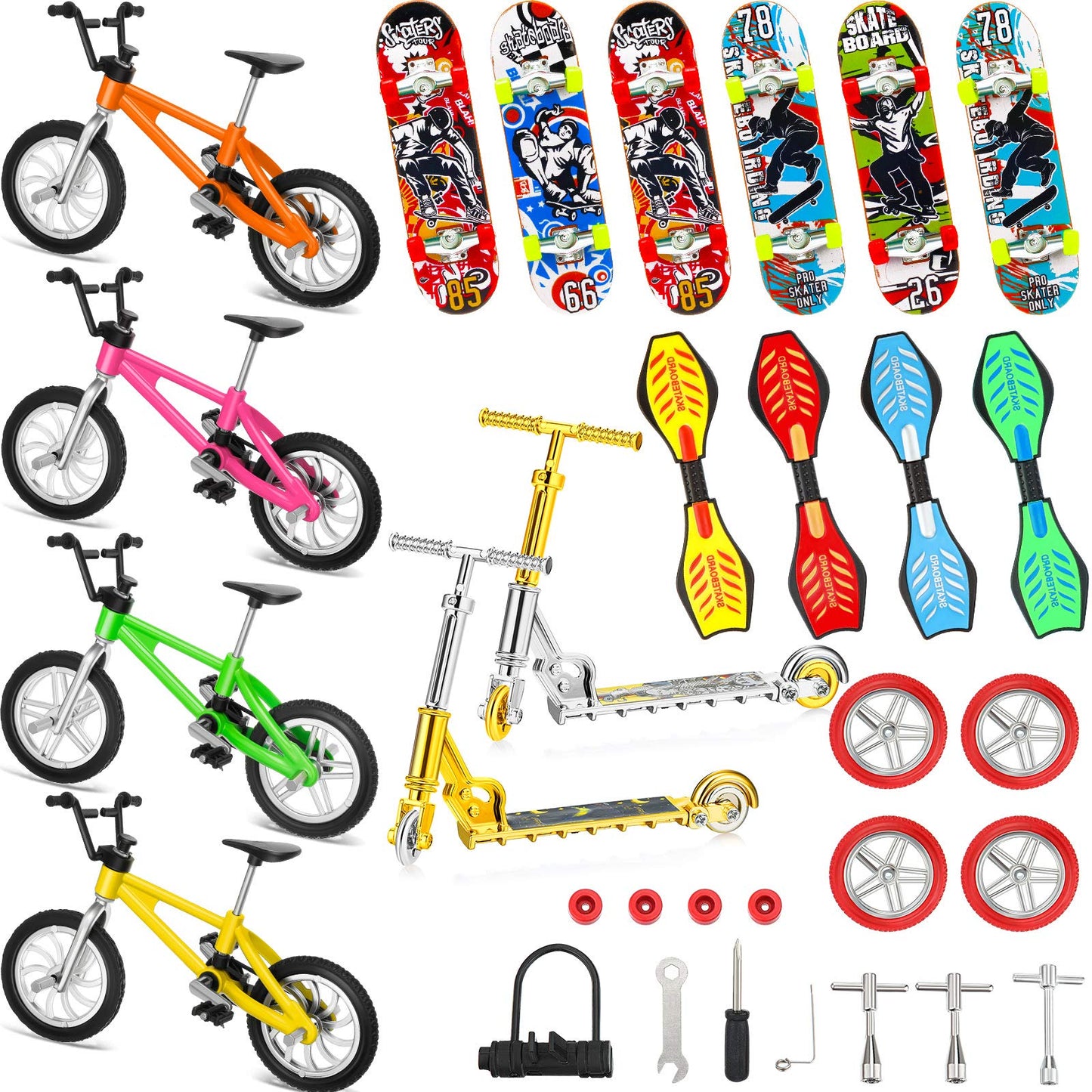 Skylety 31 Pieces Mini Finger Toys Set For Boy Girl Includes 6 Finger Skateboards, 4 Bikes, 2 Mini Scooters 4 Swing Board 8 Matched Wheels 7 Tool Accessories Educational Toy Party Favor(Cool)