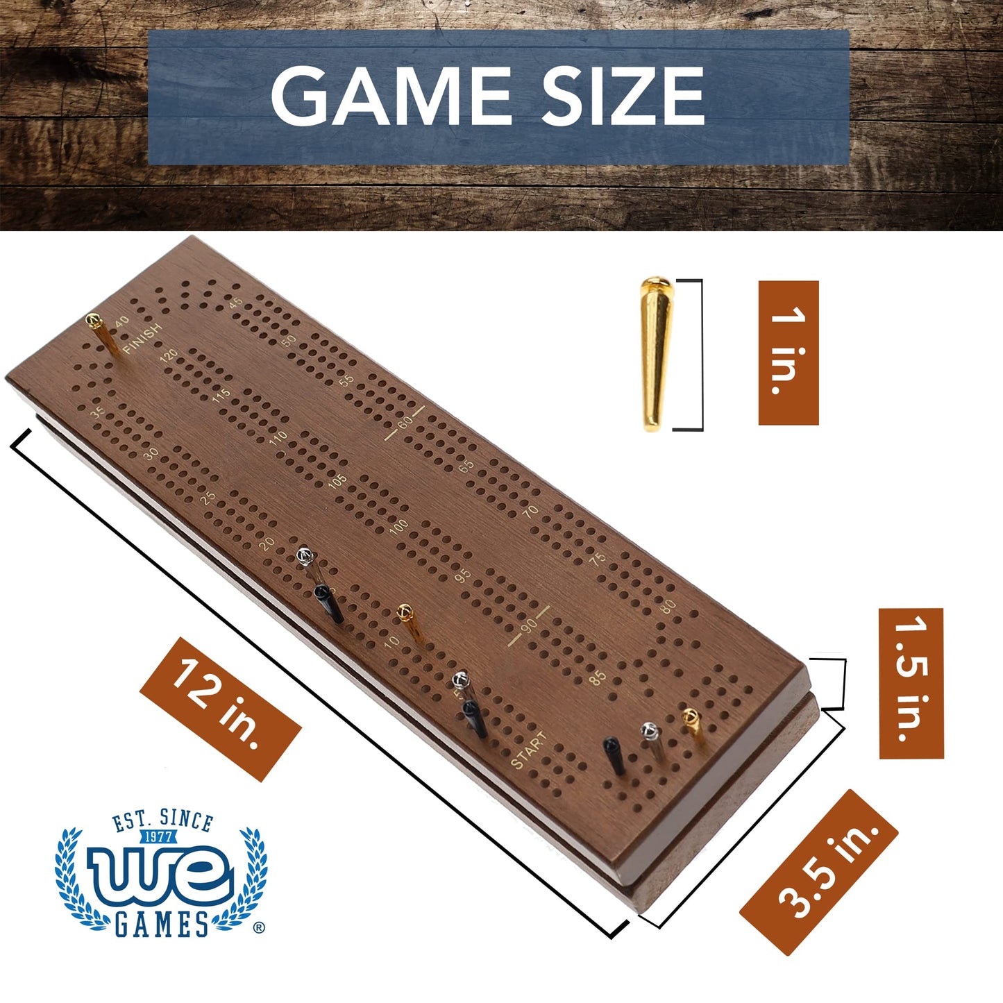 We Games Cribbage Board With Pegs - Cribbage Set Of Playing Cards & 9 Metal Pegs - Fun Family Game Night - Travel Cribbage Board, Walnut Stained