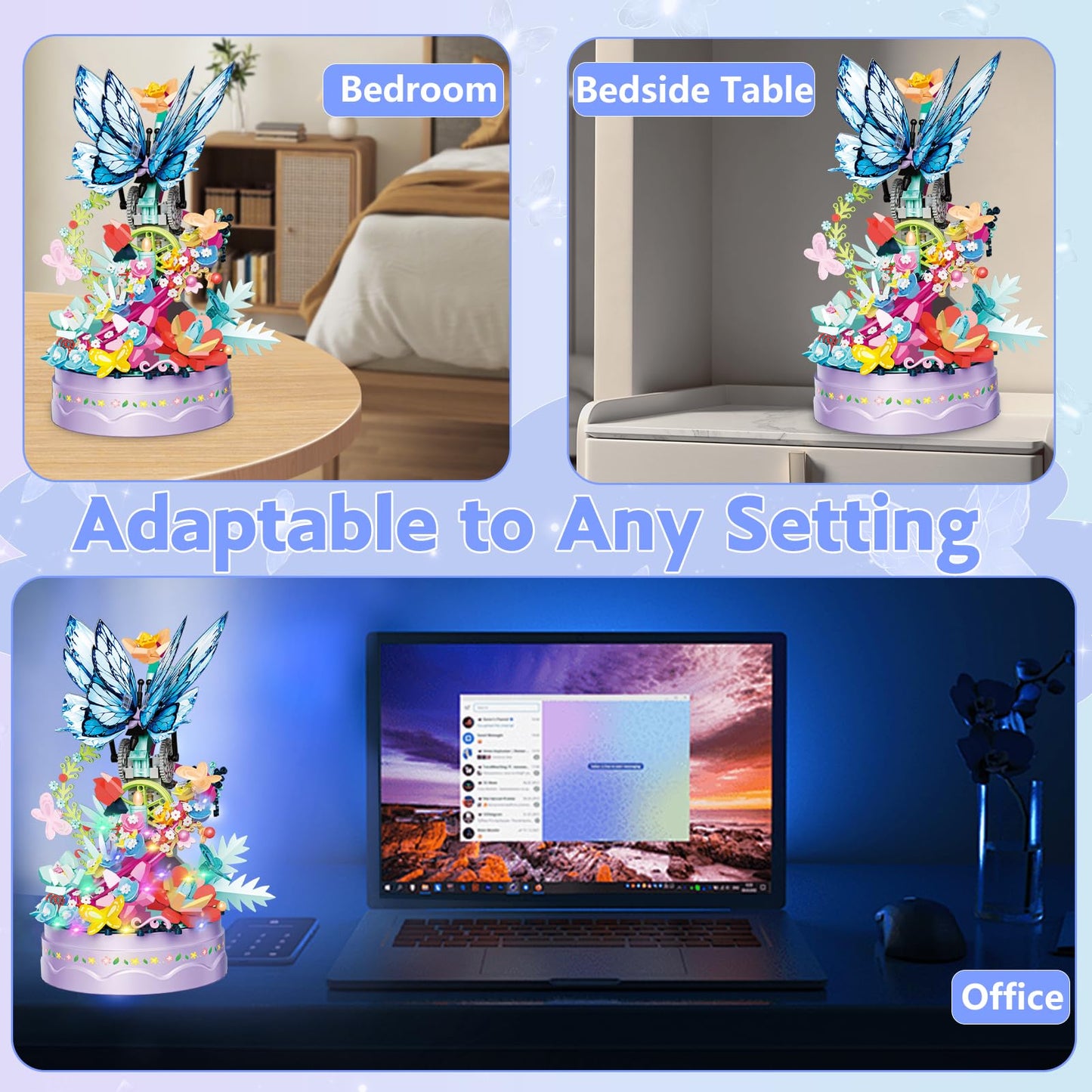 Flower Bouquet Building Kit With Led Light, 630 Pcs Butterfly Flowers Mini Bricks Building Blocks Sets Botanical Collection Deco