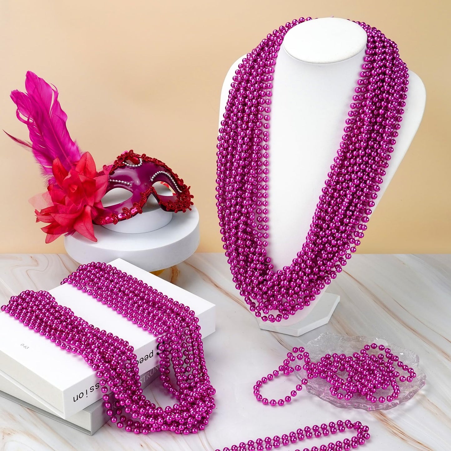 YAXINRUI 144 PCS Hot Pink Bead Necklaces, Pink Mardi Gras Beads, Cancer Awareness Beads Necklaces, Valentine Necklace, 33 Inch R