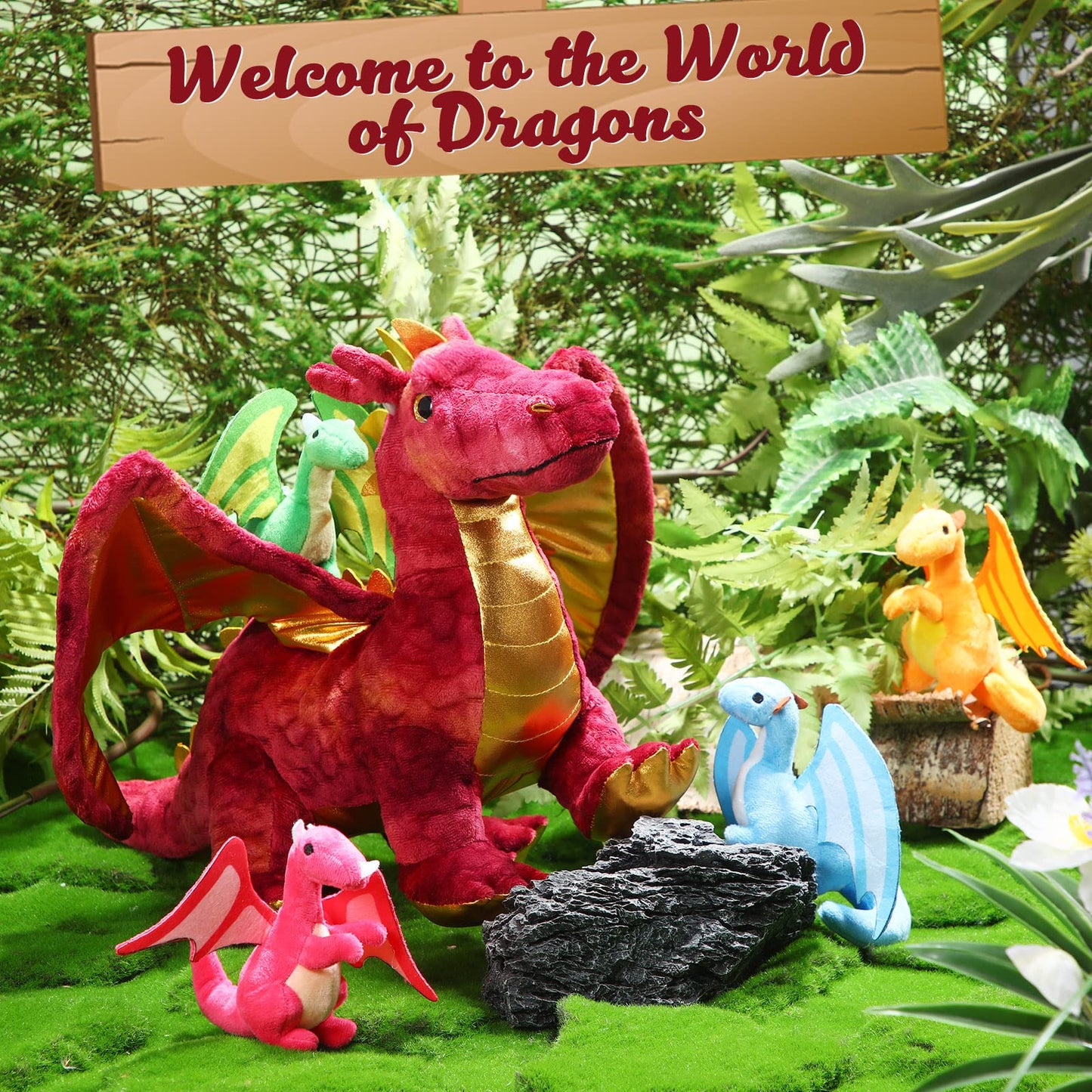 Lenwen 16 Inch Plush Dragon Stuffed Animals Set - Large Mommy Dragon with 4 Babies - Perfect for Easter, Birthdays, and Classroom Awards