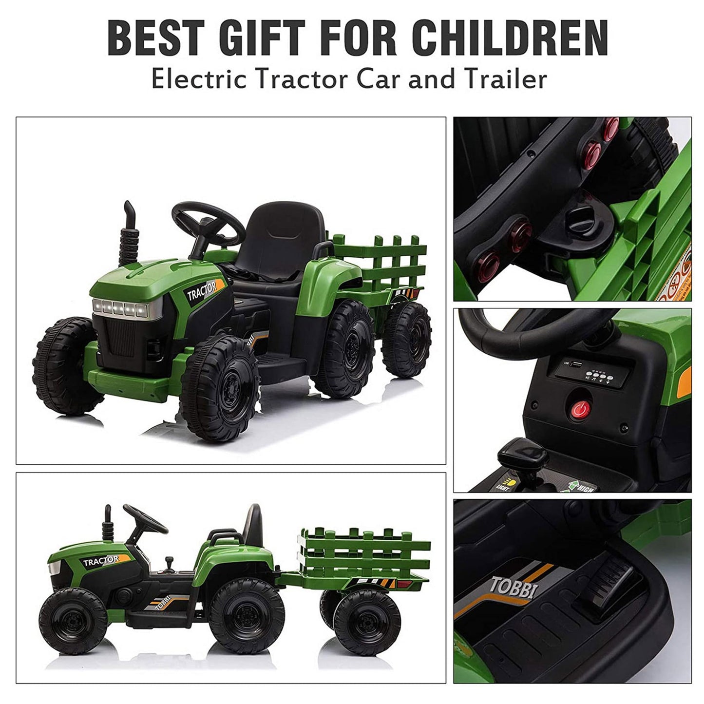Tobbi Kids Electric Ride On Toy Tractor, 12V Battery-Powered 4 Wheels Ride On Car With Trailer, 35W Dual Motors/3-Gear-Shift/Led Lights/Usb Audio Functions For Toddlers 3-6 Years-Dark Green