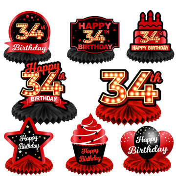 Happy 34Th Birthday Red And Black Table Honeycomb Centerpieces Balloons Theme Decor Table Decorations Table Toppers For Girls Women Princess 34 Years Old Birthday Party Bday Supplies Background Gold