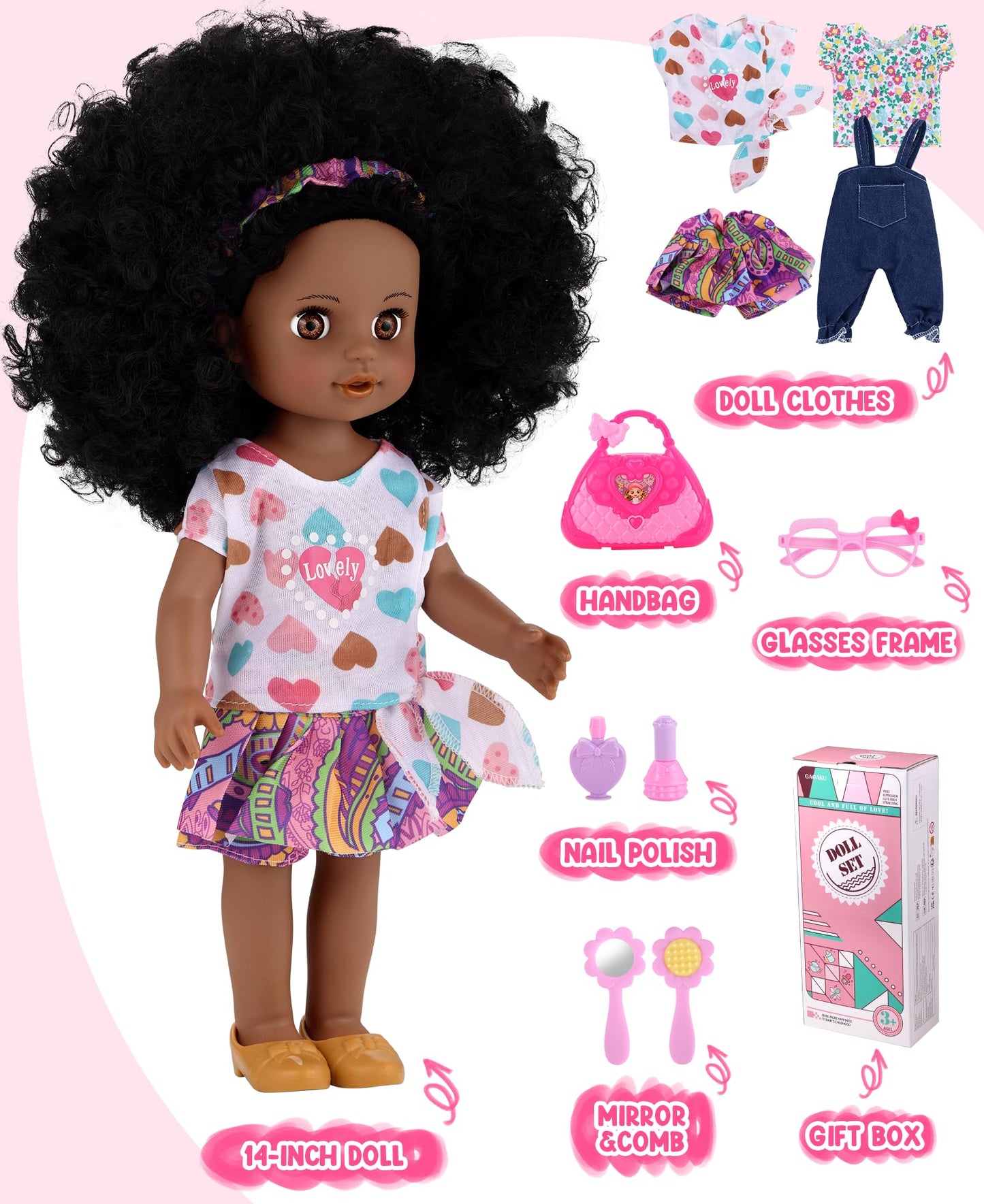 Gagaku Black Doll For Girls, 14'' Black Baby Dolls Set For Toddlers Kids 2 3 4 5 6 Years Old, Black Girl Baby Doll With Natural