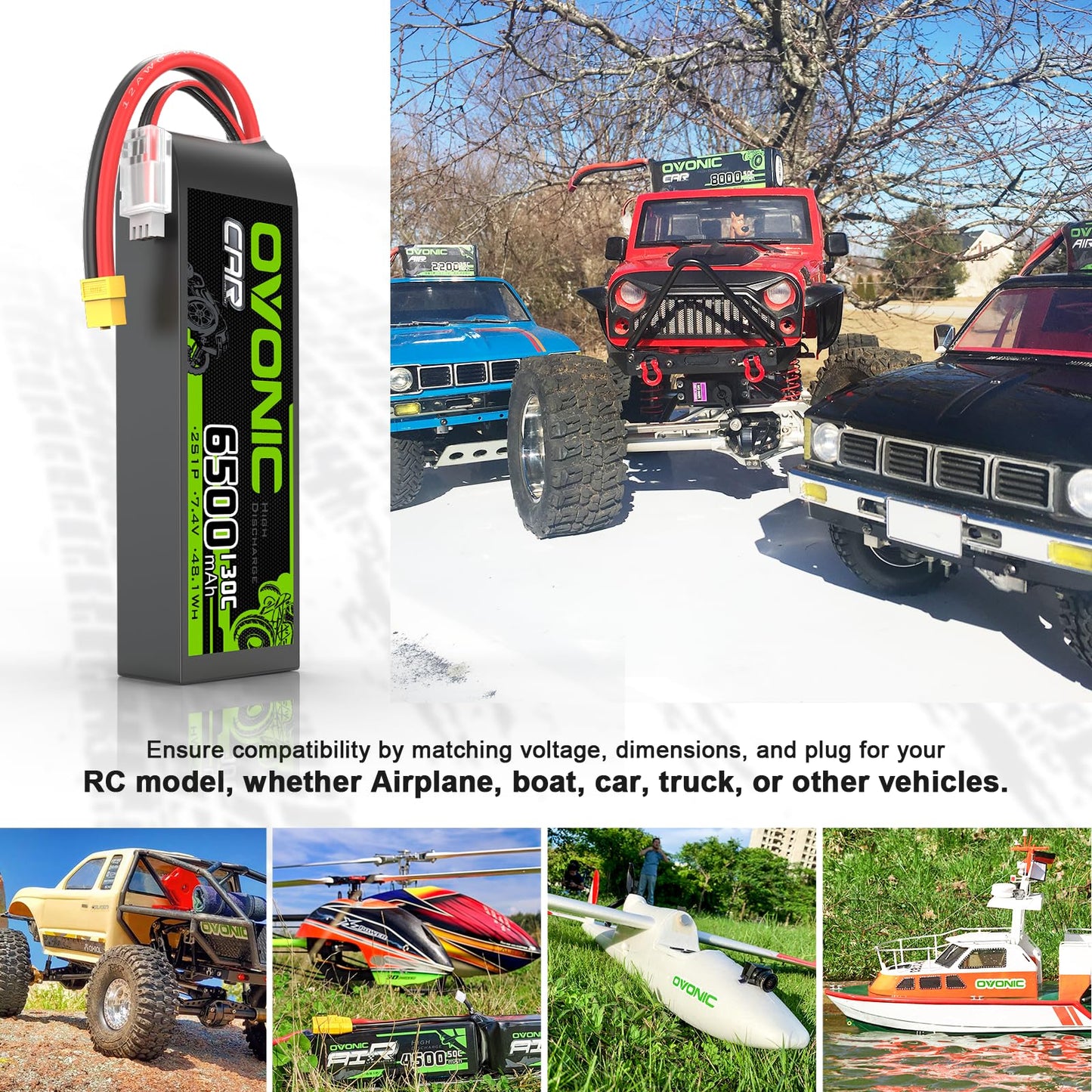 Ovonic 2S Lipo Battery 6500Mah 7.4V 130C Rc Battery With Xt60 To Tra Connector