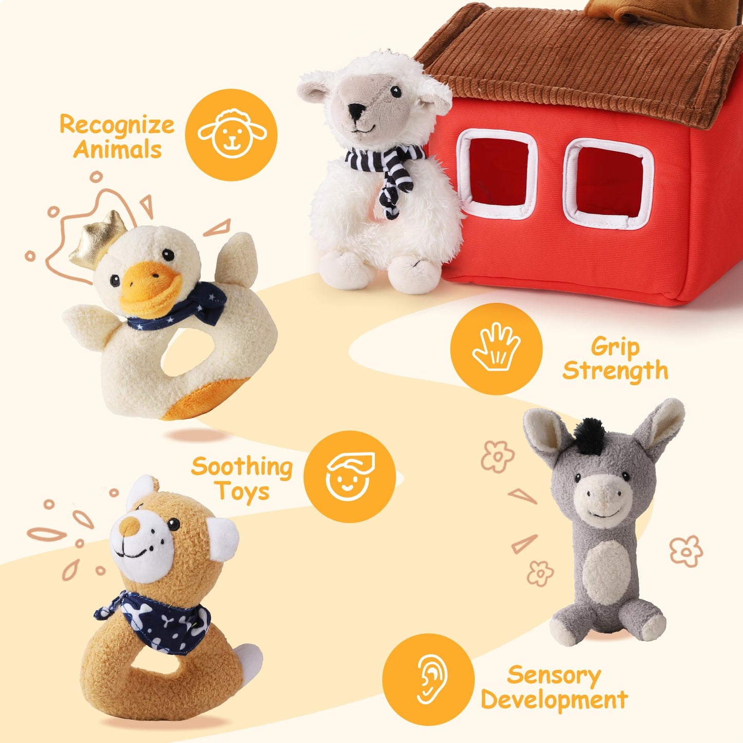 Iplay, Ilearn Baby Toys 3 6 12 Month Newborn Gifts, Infant Soft Farm Stuffed Animal Rattles Plush Barn, First Easter Basket Shower Stuffer, Boy Girl Sensory Hand Development Toy 0 2 4 7 9M 1 Yr - Farm