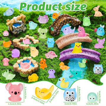 200pcs Luminous Mini Resin Animals 30 Types Miniature Resin Animal Figurines to Hide Bulk Glow in The Dark Tiny Ducks Frogs Small Cat Bunnies for Fairy Garden Micro Landscape Dollhouse Accessories