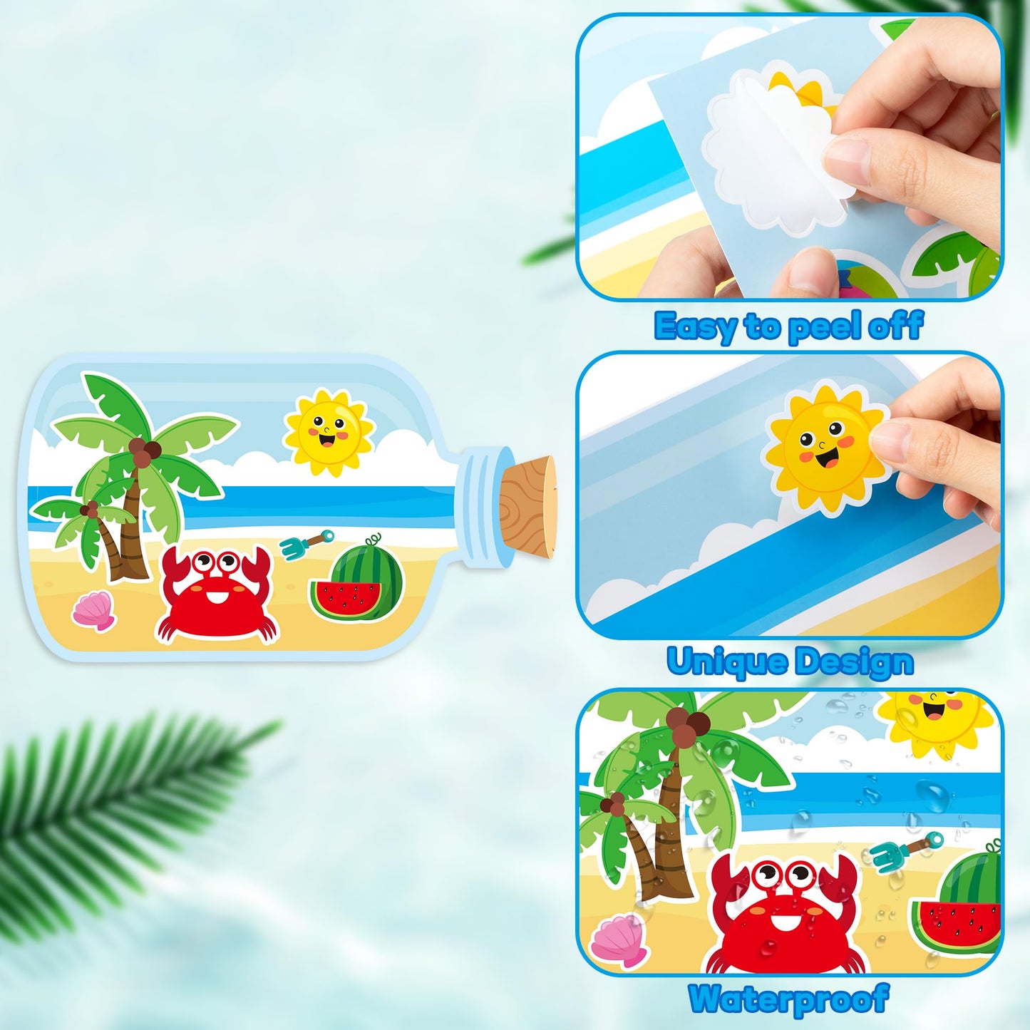 Cy2Side Summer Beach Stickers Scene - 12Pcs Summer Drifting Bottles Sticker Scene Art Craft For Kid Make Your Own Beach Sticker Scene With Pineapple Flamingo Diy Hawaii Party Game Class Fun Activities