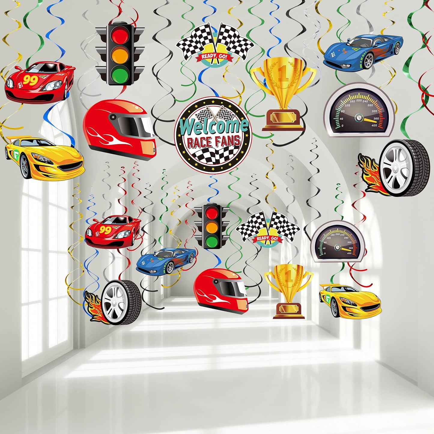 Containlol 30 Pieces Race Car Party Hanging Swirls Decorations, Checkered Flags Racing Birthday Party Foil Ceiling Decor for Kid