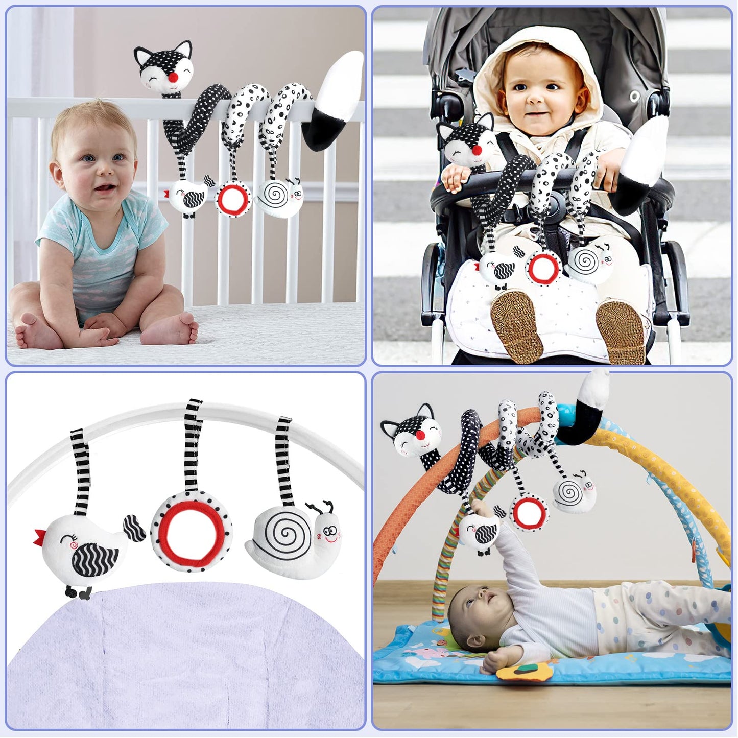 XIXILAND Baby Spiral Plush Toy - Black & White Stroller Toy, Stretch Activity Rattle for Crib Mobile, Sensory Toy for Newborns 0-12 Months