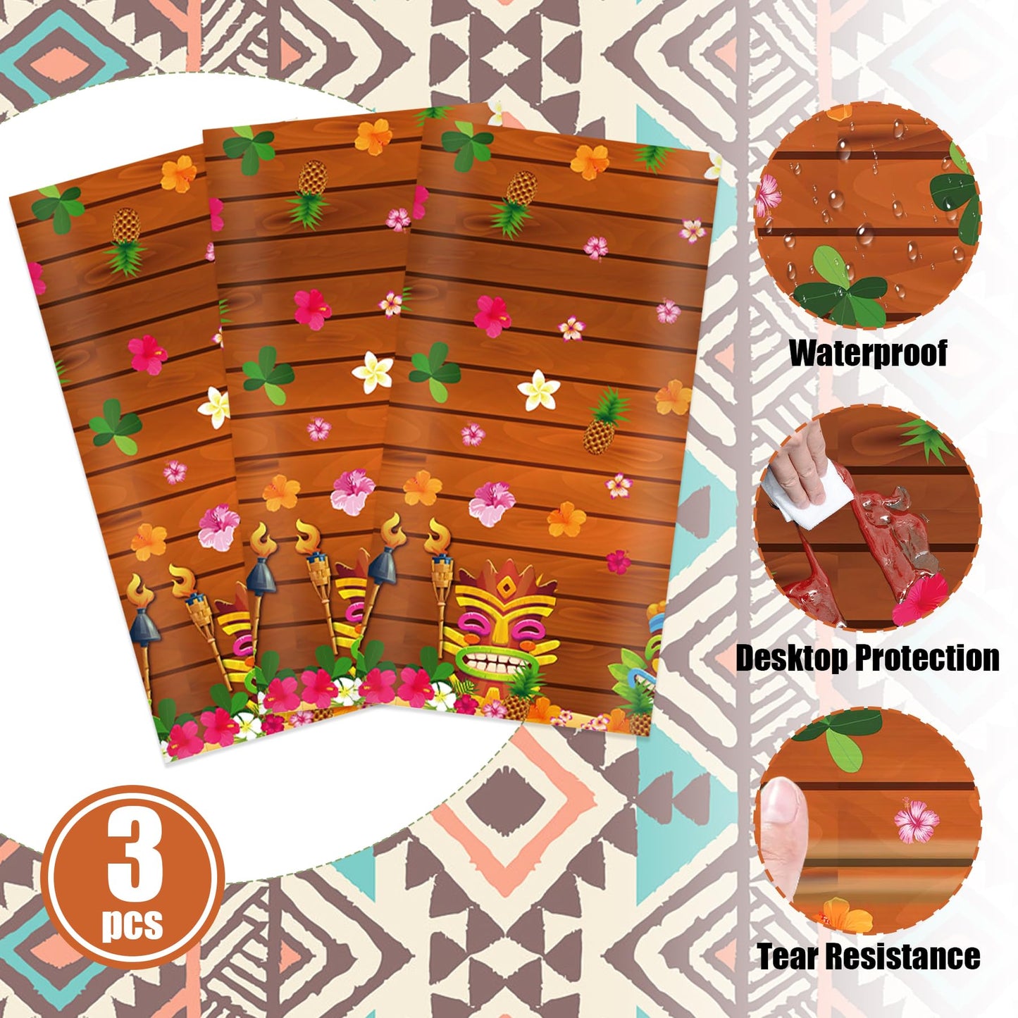Lianxuia 3 Pieces Tiki Party Plastic Tablecloths, 54 * 108 Inch Luau Table Covers, Hawaiian Luau Party Decorations, For Aloha Ti
