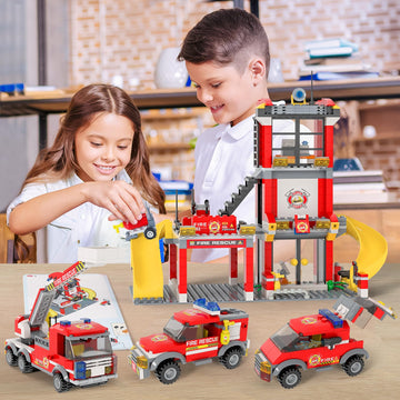 Wishalife City Fire Station Toy Building Set, With 3 Fire Truck Toys, Extinguishers, Pretend Play Toys Gift Idea For Kids Boys G