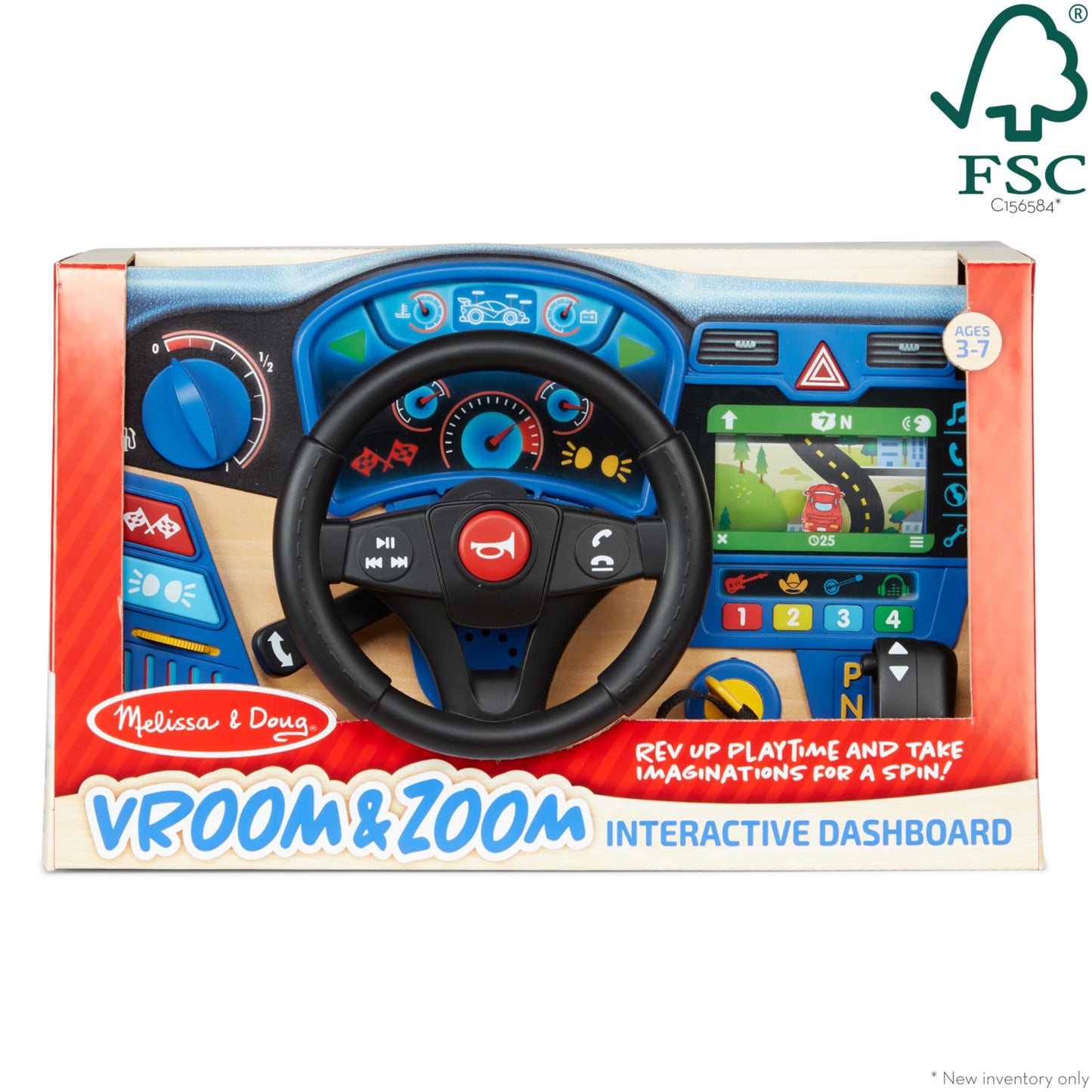 Melissa & Doug Vroom & Zoom Interactive Wooden Dashboard Steering Wheel Pretend Play Driving Toy - Fsc Certified