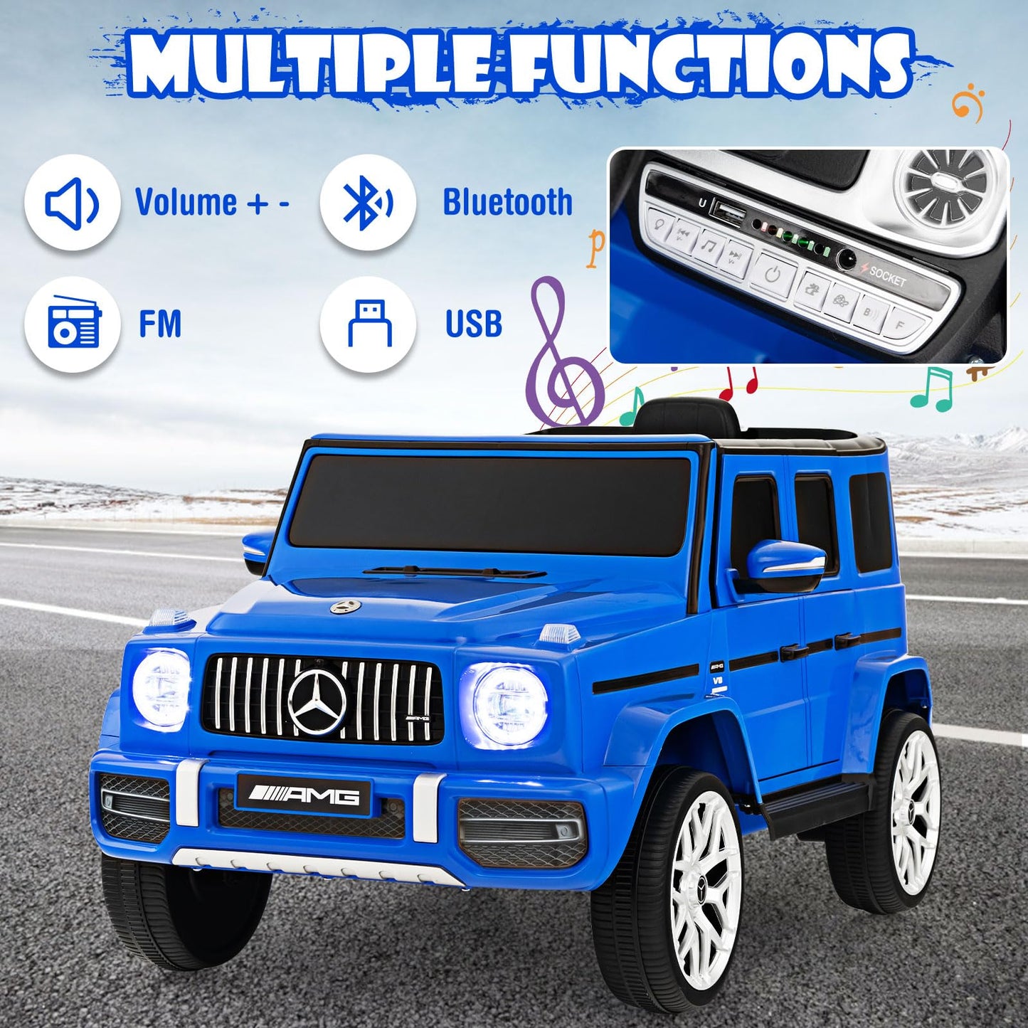 Olakids 12V Kids Ride On Car, Licensed Mercedes Benz G63 Electric Vehicle With Remote Control, Double Open Doors, Music, Bluetooth, 2 Speeds, Wheels Suspension, Battery Powered Driving Toy (Navy)