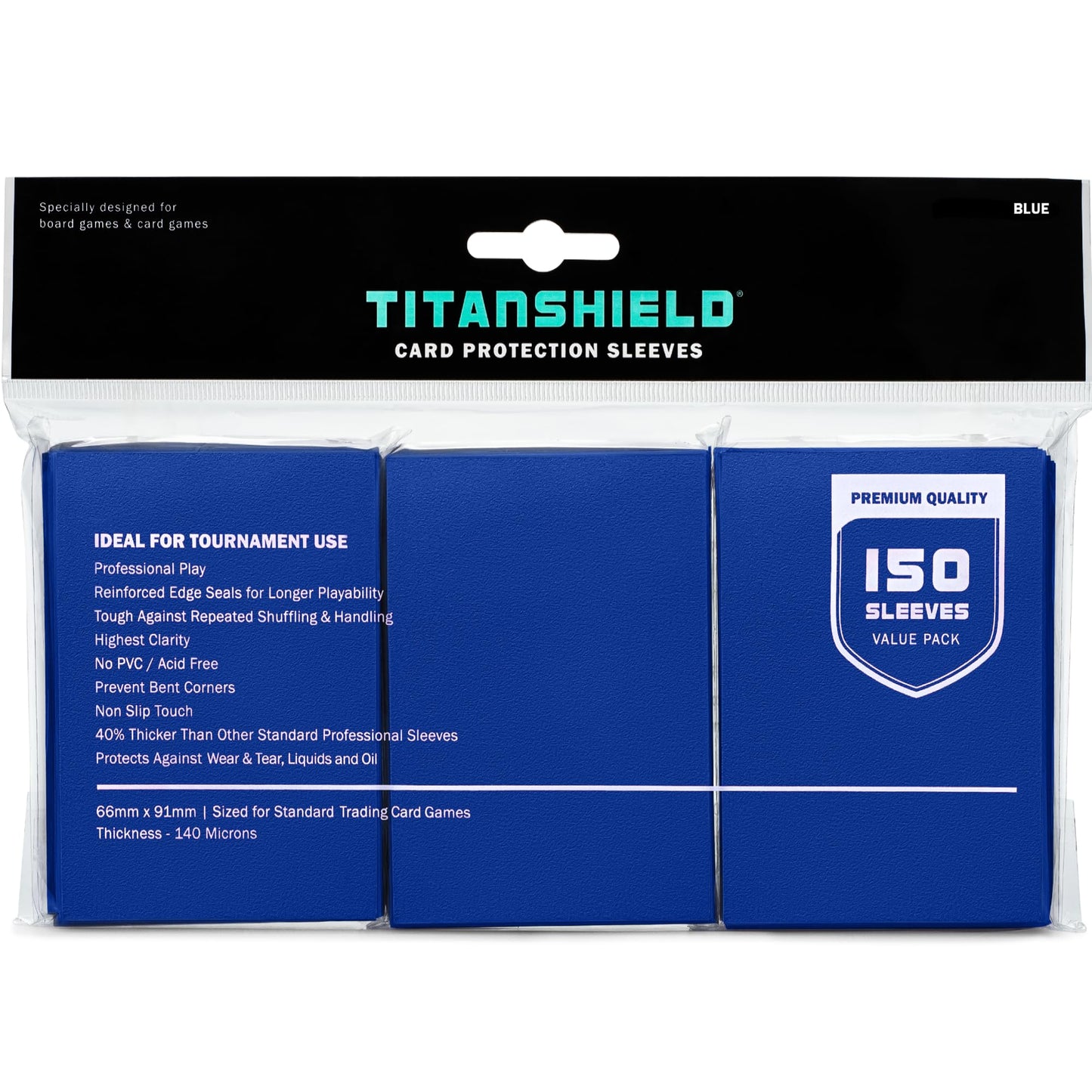 Titanshield Titanshield (150 Sleeves, Blue) Compatible With Standard Sized Board Games, Mtg Magic The Gathering, Pokemon, Lorcana, And Trading Card Sleeves Deck Protector 2.5' X 3.5' 66X91Mm