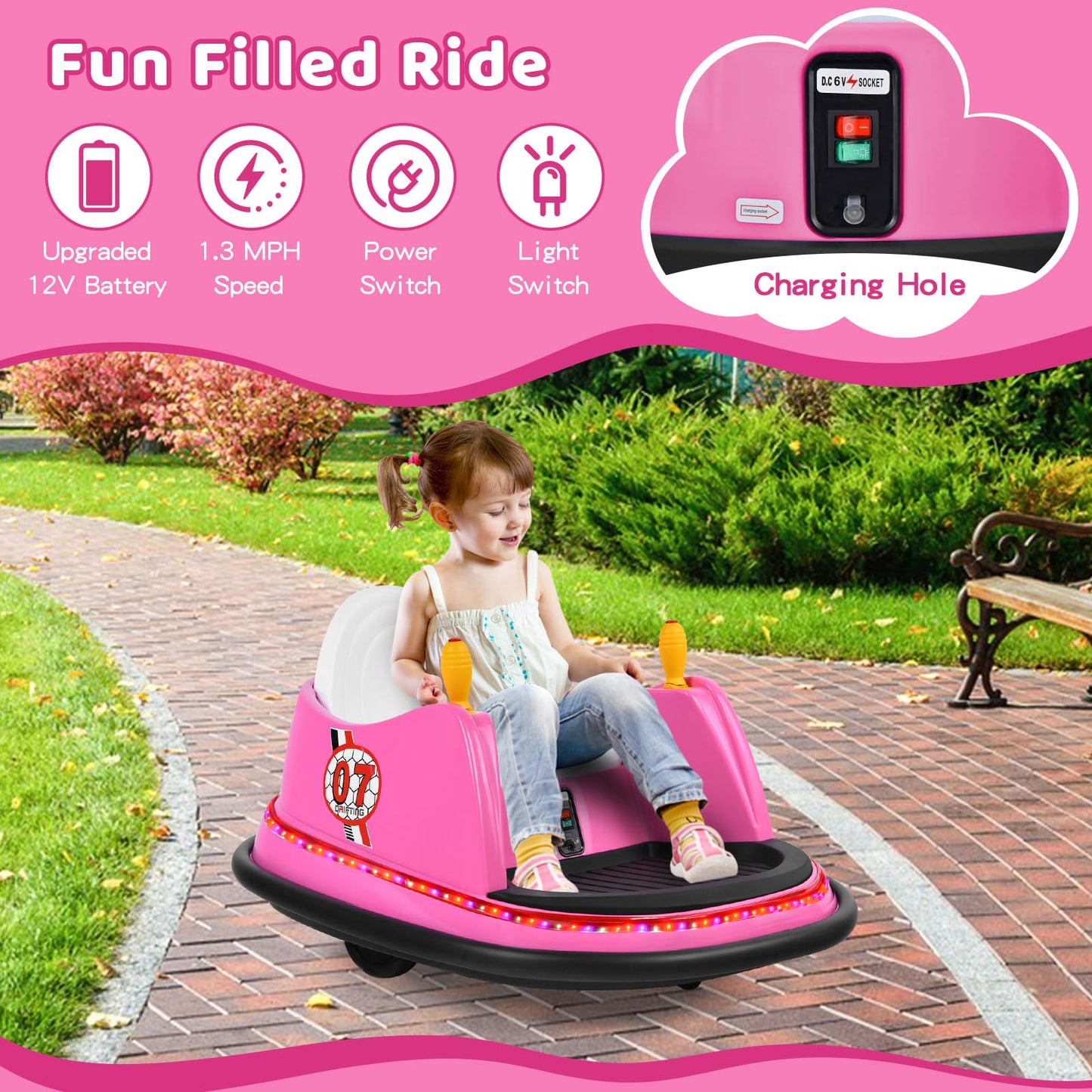 Honey Joy 12V Toddler Bumper Car, Battery Powered Baby Ride On Bumper Car, Dual Joysticks, Flashing Led Light & 360 Degree Spin, Electric Vehicle Ride On Toys W/Remote Control, Gift For Boys Girls
