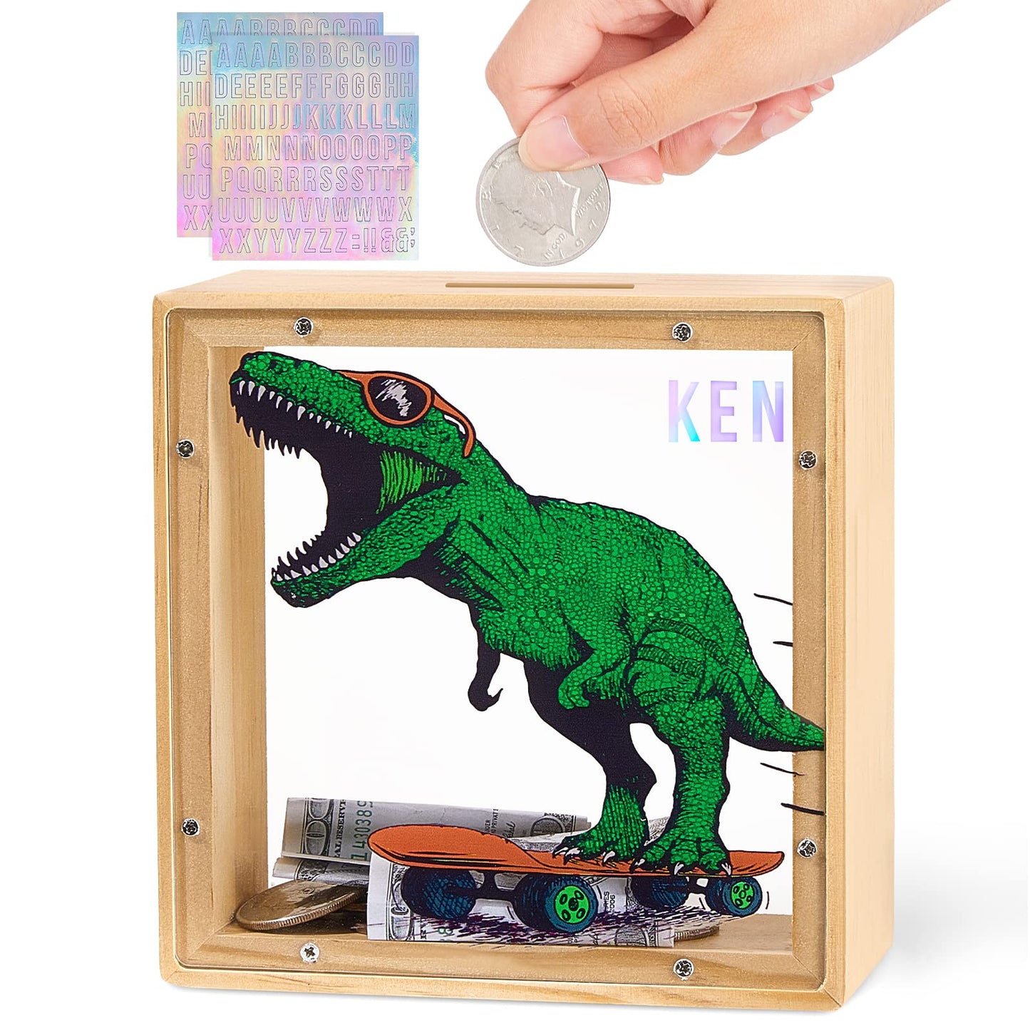 Piggy Bank For Kids, Wooden Money Coin Bank For Boys And Girls, Dinosaur Unicorn Piggy Banks With Diy Stickers For Birthday, Easter Gifts (Green)