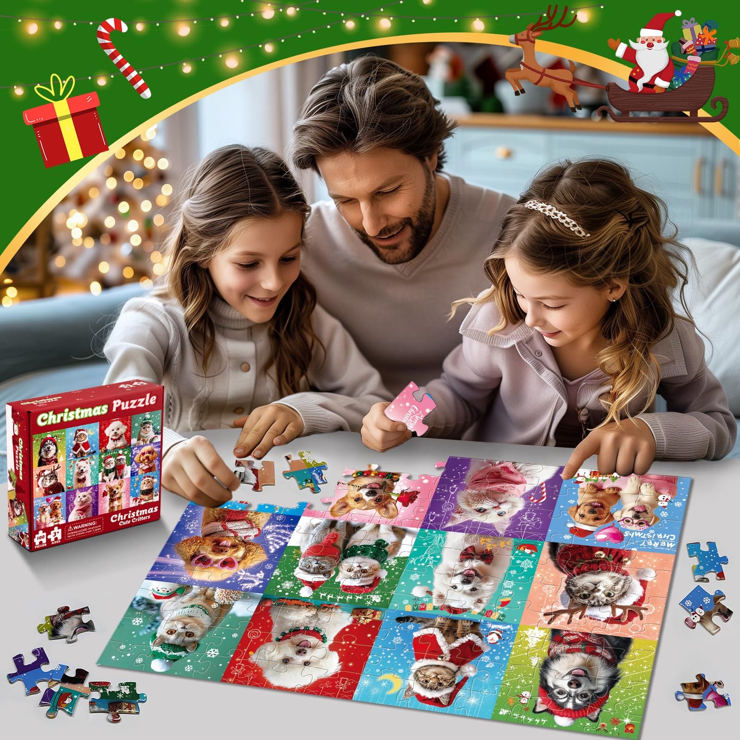 100 Pieces Christmas Puzzle For Kids Age 4-8 4-6 8-10 Christmas Cat Dog Jigsaw Puzzles Gifts Stocking Stuffers For Boys Girls (C