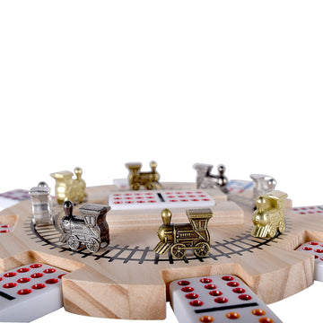 RNK Gaming Double 12 Mexican Train Dominoes Set with Wooden Hub, 8 Metal Trains, Aluminum Case, Multi-Color Dots