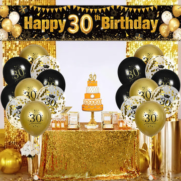30Th Birthday Decorations For Men Women Black And Gold, Black Gold Birthday Yard Banner Sign And 18 Pcs 30Th Happy Birthday Balloons For 30Th Anniversary Birthday Party Supplies Outdoor Yard Decor