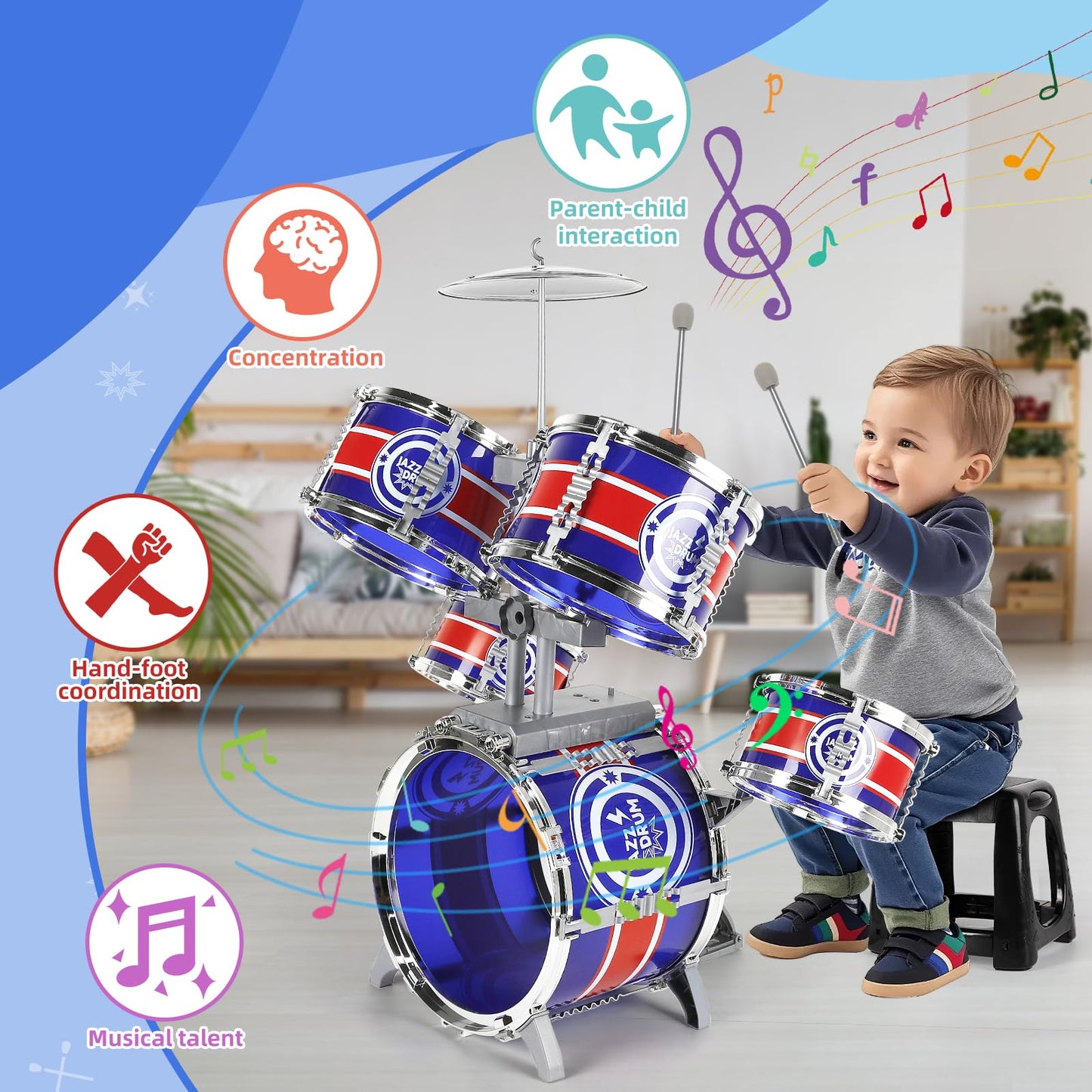 M Sanmersen Drum Set For Toddlers, Kids Drum Set With Stool, Upgraded Plastic Rock Jazz Drum Kit Musical Instruments Toys Gift For 2-8 Years Old Boys Girls