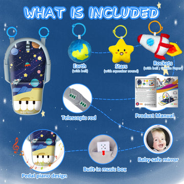 Toymni Car Seat Toys For Baby Infant 6 Months And Up, Carseat Toys With Musical Pedal Piano, Baby Mirror And Hanging Squeaky Sen