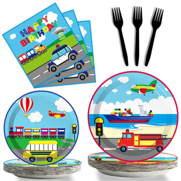 Gisgfim 96 Pcs Transportation Party Plates And Napkins Party Supplies Car Party Tableware Set Bus Train Plane Ship Traffic Light