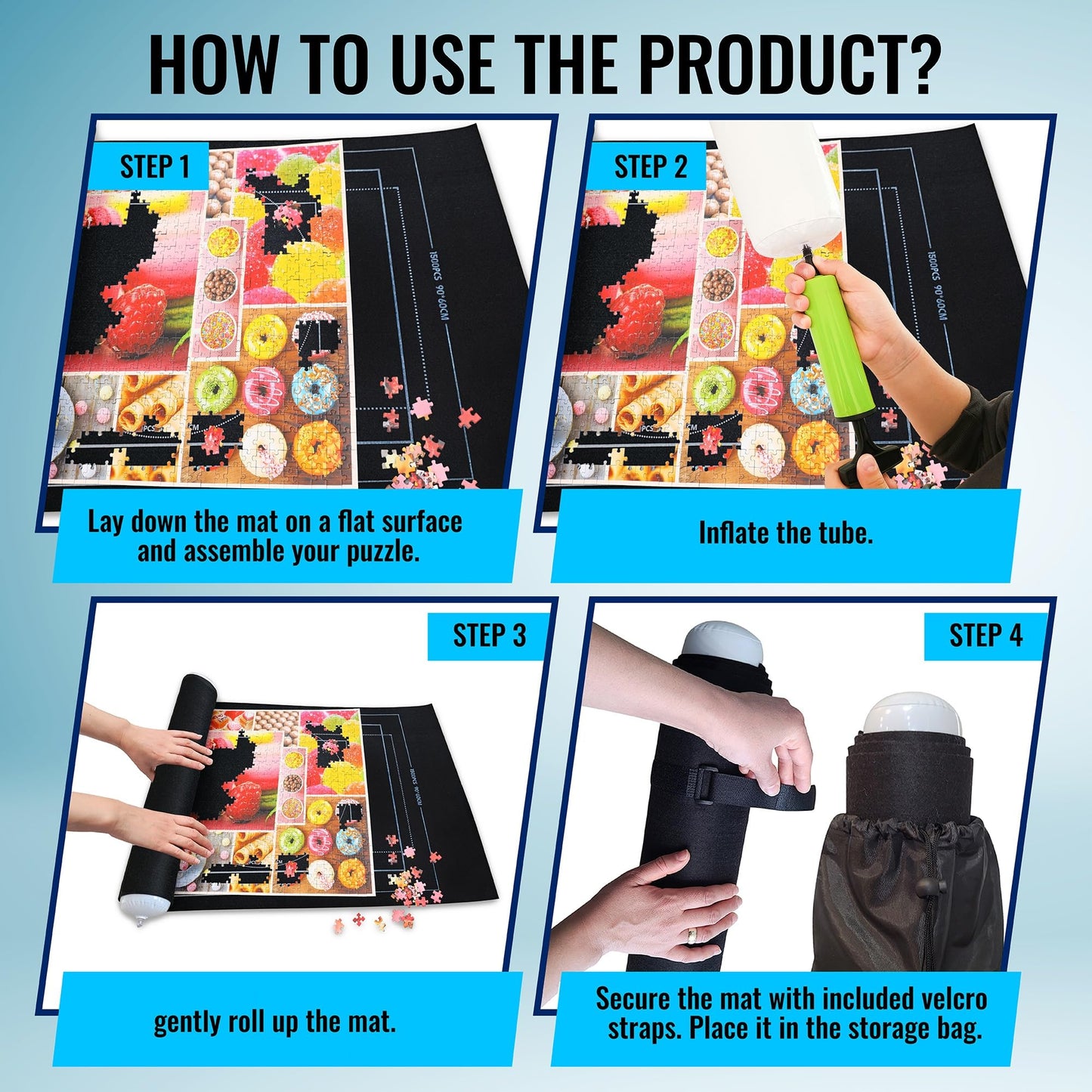 Gourbette Jigsaw Puzzle Mat Roll Up for 500-1500 Pieces, Black Felt Storage Organizer - Model JPM-0011