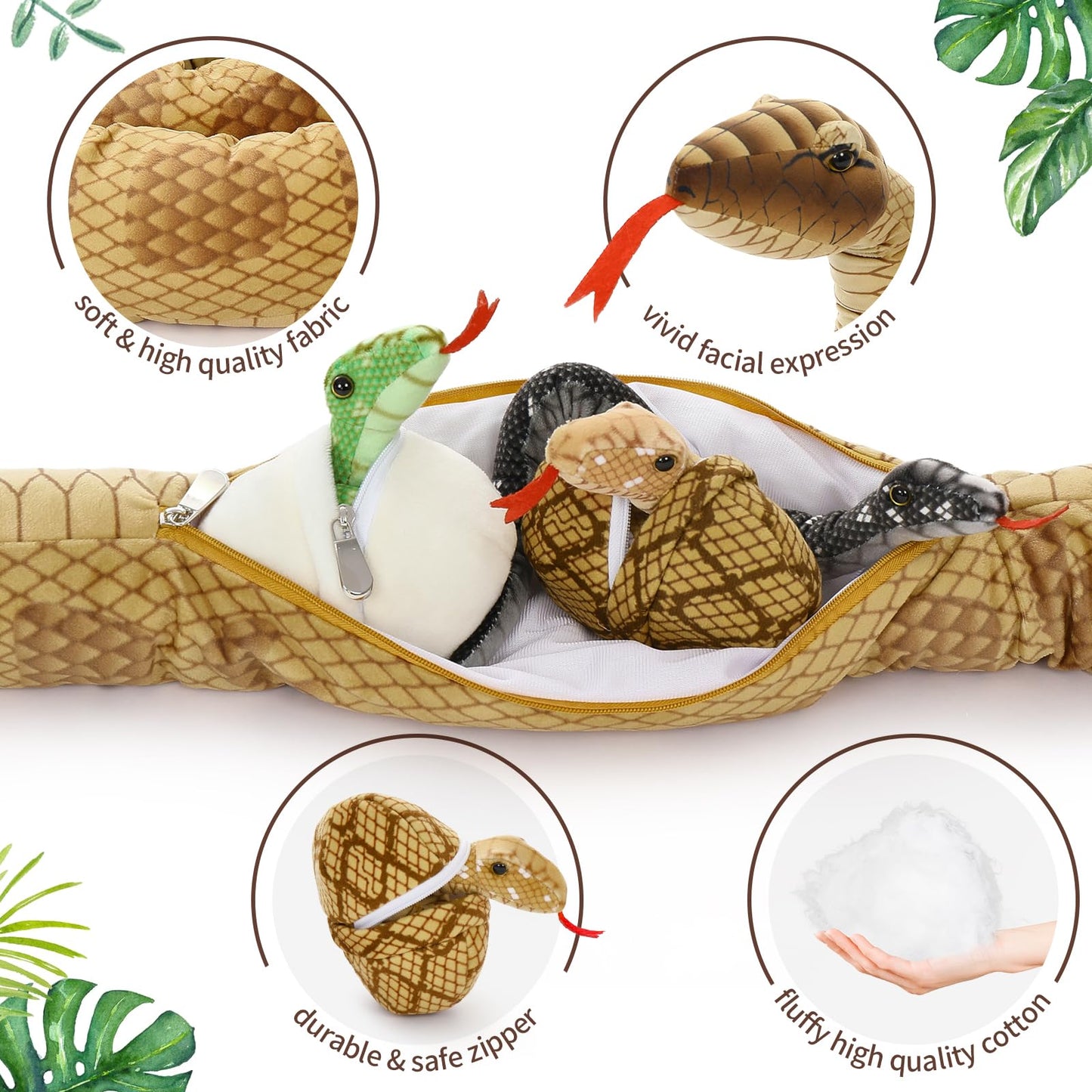 Tezituor Snake Stuffed Animal With Babies,80' Long Brown Boa Constrictor Mommy Snake With 3 Cute Babies & 2 Eggs Plush Snake Toys Birthday Gifts For Boys Girls