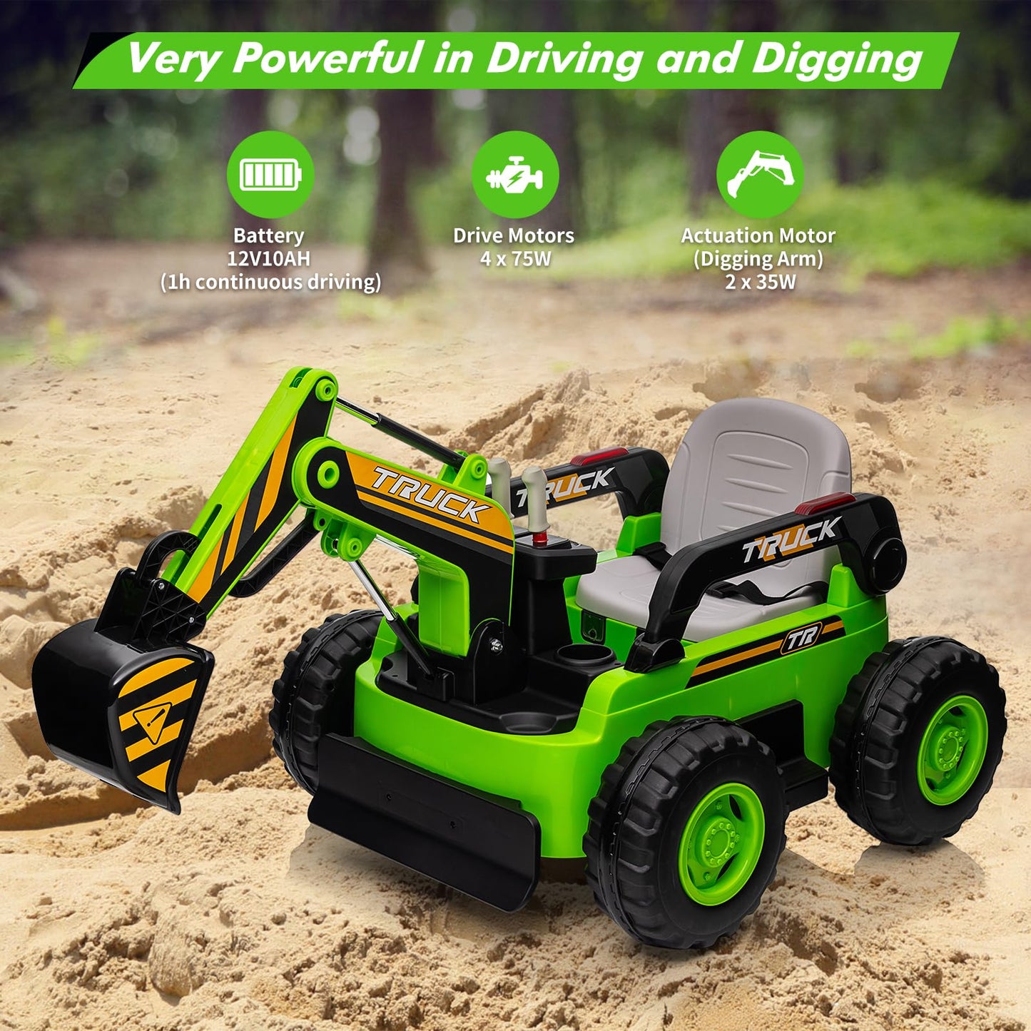 12V Kids Ride On Excavator Digger Truck With Remote Control & Electric Digging Arm, 12V 10Ah Large Battery, 4X75W Motors,Led Tai