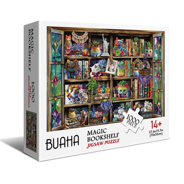 Buhah Magic Shelf Puzzle Funny Cat Puzzles For Adults 1000 Pieces Plant Colorful Succulent Jigsaw Puzzles Vintage Bookshelf Art