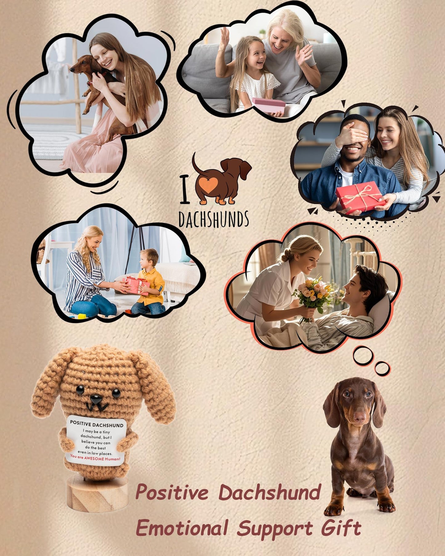 Haliafancy Positive Crochet Animals Dachshund Gifts, Emotional Support Crochet Doll For Weiner Dog Lovers, Already Made Handmade