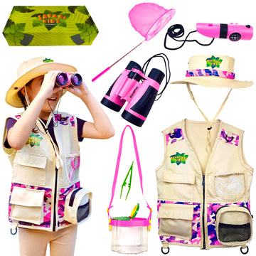 Kidz@Play Pink Bug Hunting Kit - Vest, Hat, Binoculars, Net, Container & More - Perfect for Kids' Outdoor Adventures, Small Size