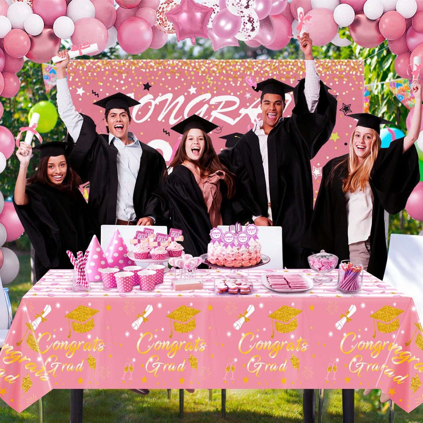 Graduation Tablecloth Party Decorations 2024,3 Pack Pink Large Size 54''X108'' Congrats Grad Disposable Rectangle Table Covers P