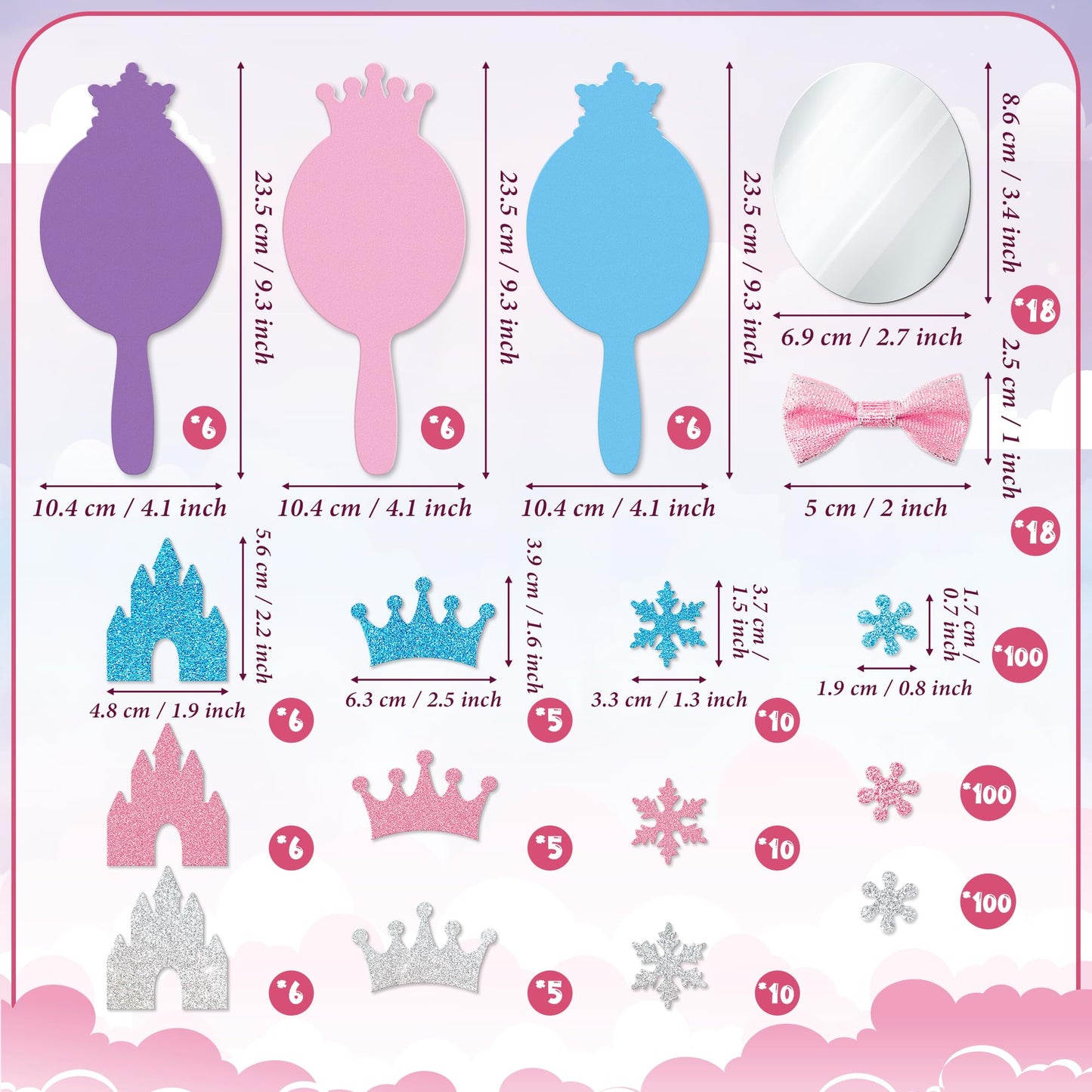BeYumi Princess Foam Mirror Craft - 18 Pack DIY Decorate Your Own Princess Mirror Craft Kits for Kids Unbreakable Kids Mirrors f