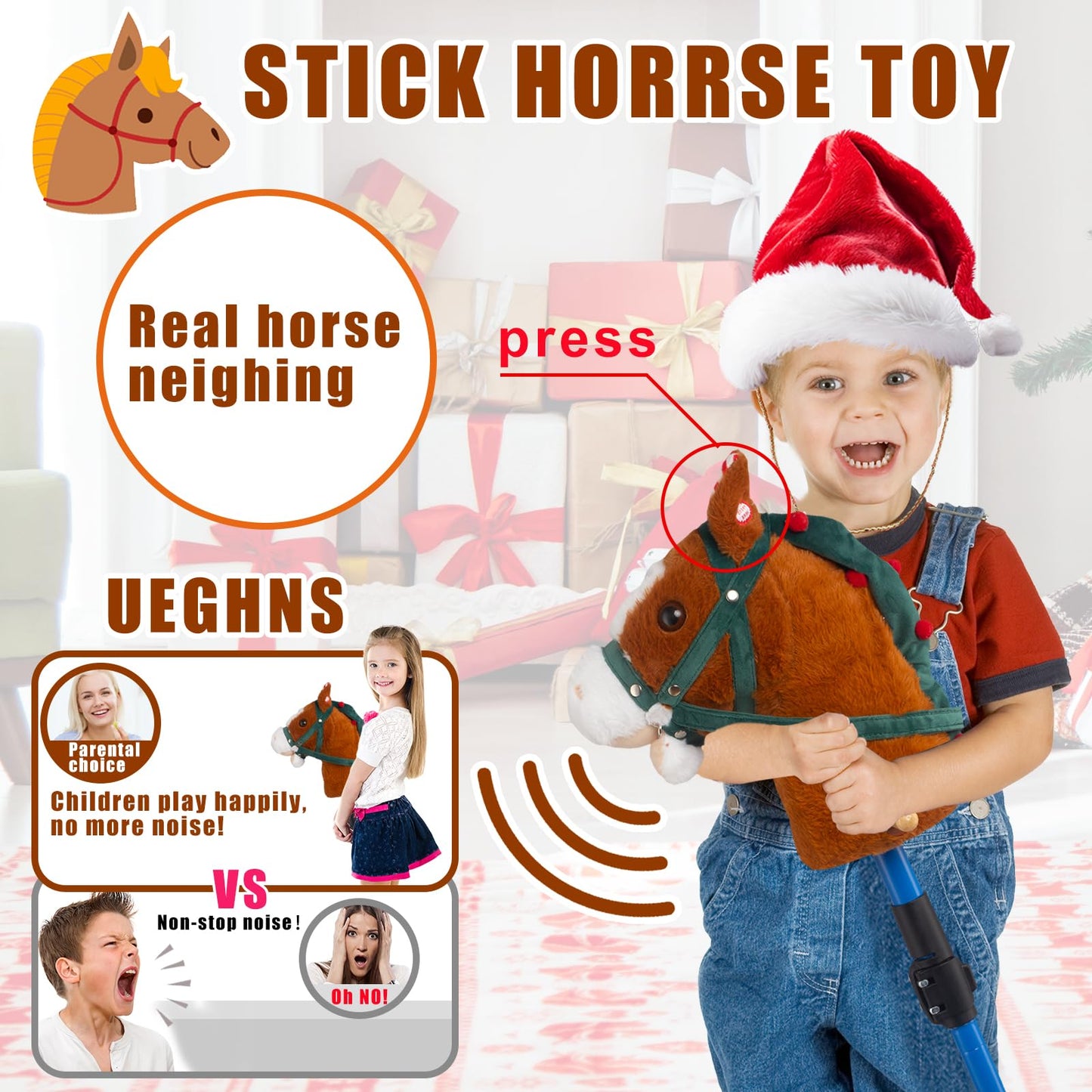 Stick horse, Hobby horse on a stick for kids ages 4-12 adjustable 30-52'' with Illuminated Silent Wheels Comfortable sponge wrap