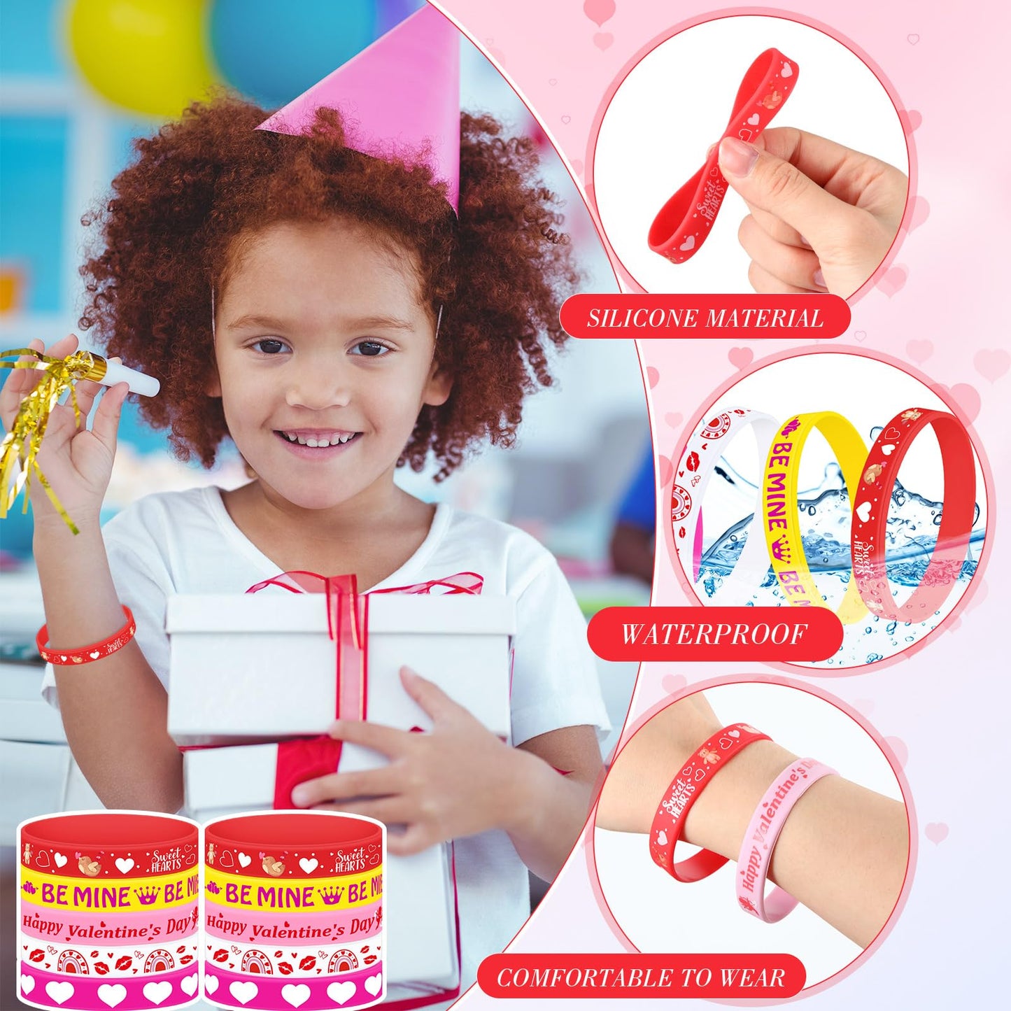 Remuuly 150 Pieces Valentine's Day Bracelets Rubber Silicone Wristband with 5 Patterns Valentines Gifts Party Favors for Goodie