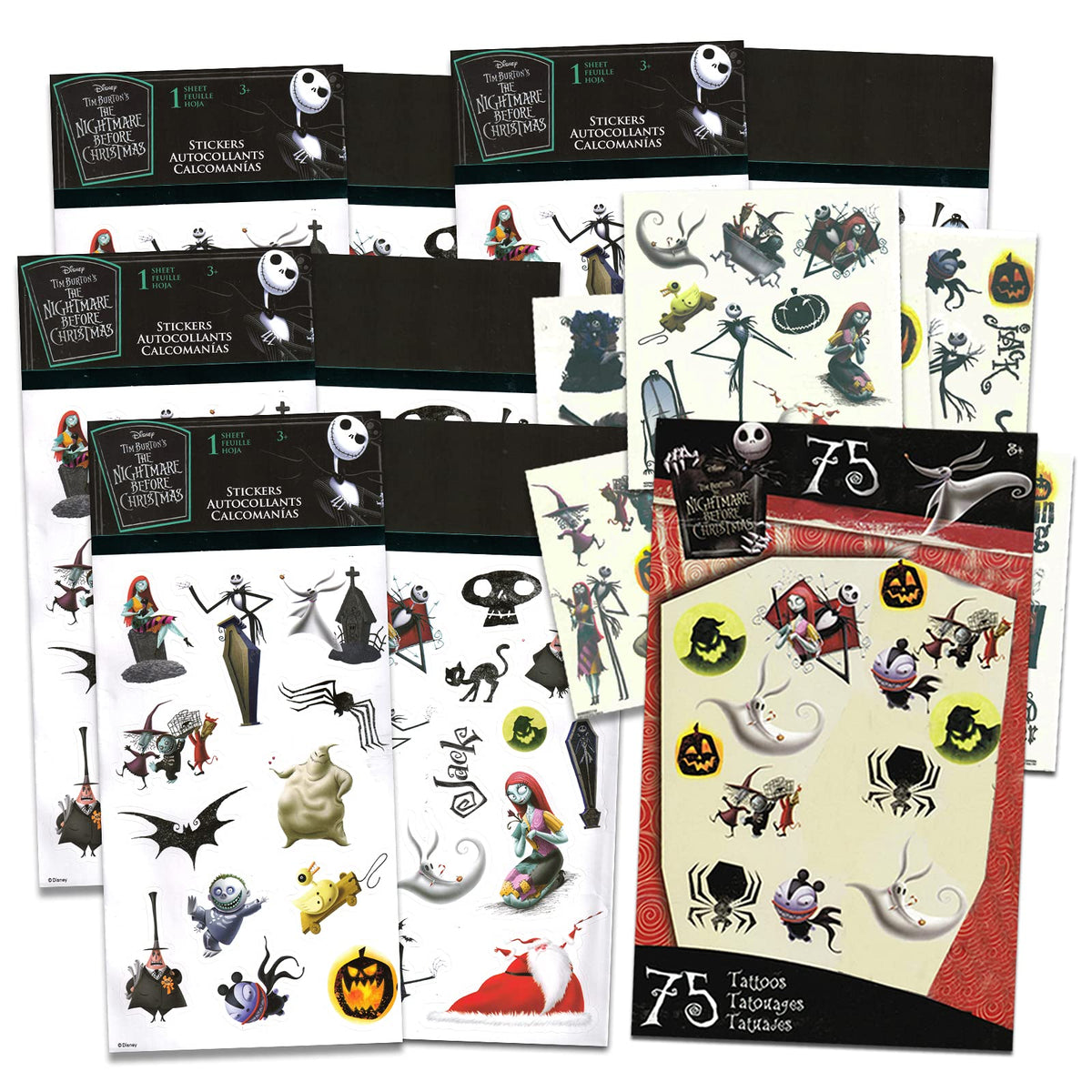 Classic Disney Nightmare Before Christmas Stickers And Tattoos Bundle ~ 100 Jack Skellington 75 Temporary For Kids Party Supplie