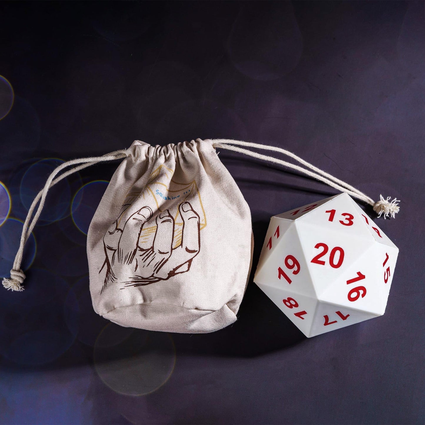 KSNDie Large D20 Foam Dice - 80mm Spindown D&D RPG 20 Sided Dice with Drawstring Bag - White