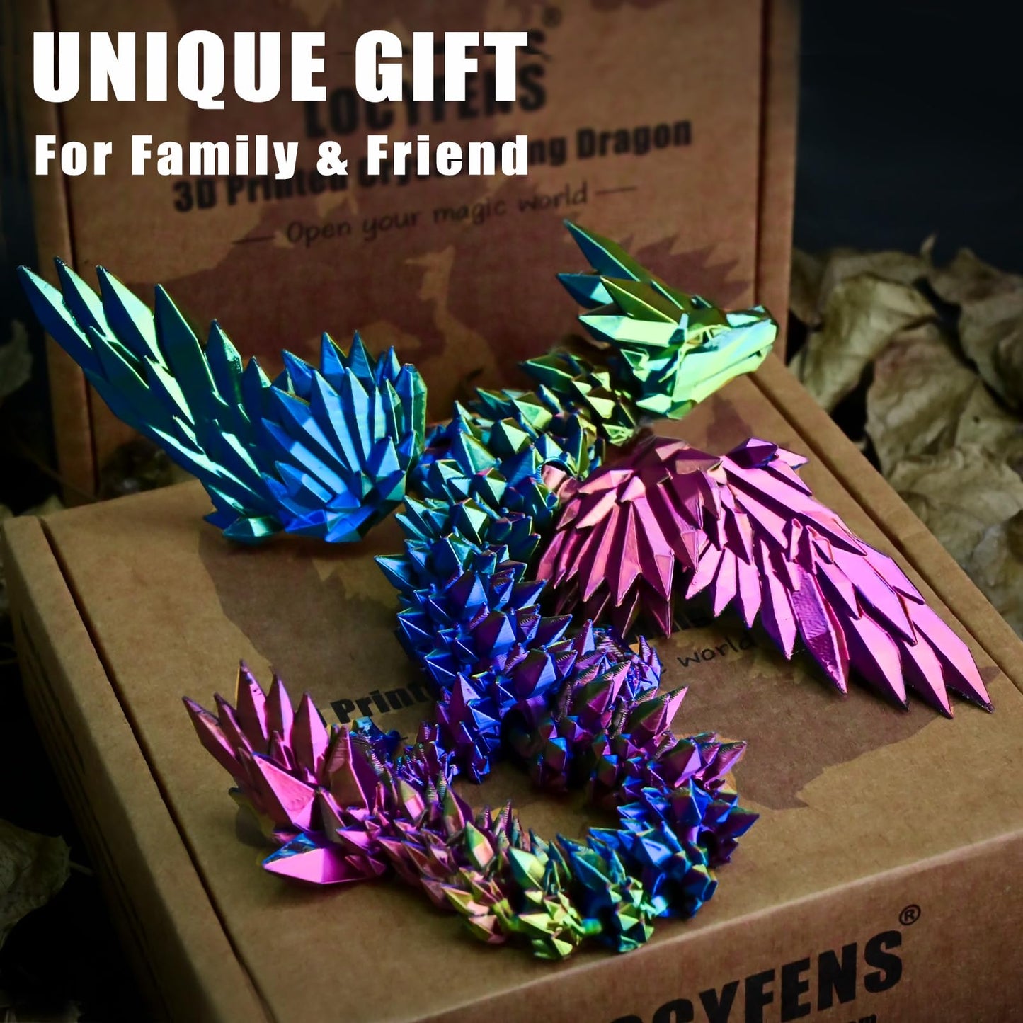 Locyfens 3D Printed Dragon With Wings Flying Dragon, Rainbow Articulated 3D Dragon Toys, 3D Printed Crystal Wing Dragon, Red Yel