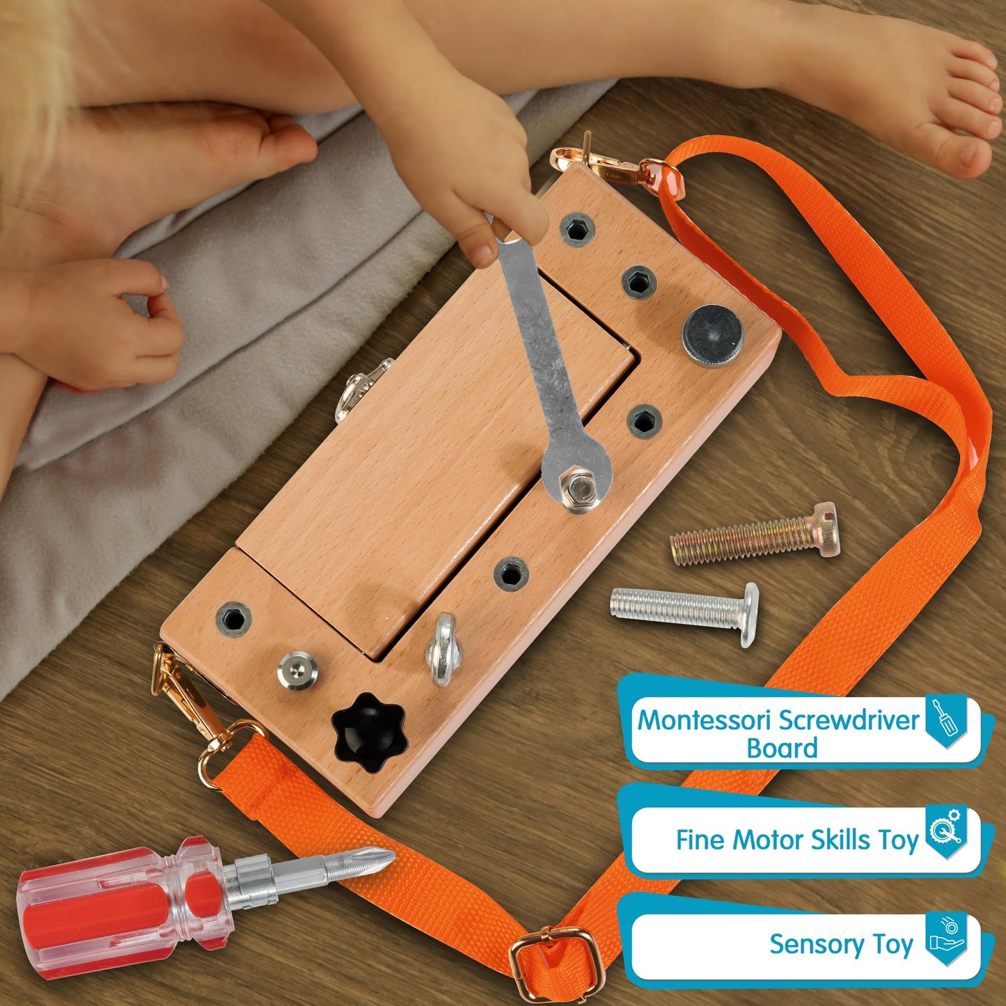 Woodmam Montessori Screwdriver Board Set, Wooden Storage Box & Strap Toddler Real Tools, Montessori Stem Fine Motor Skills Toys For 3 4 5 Year Old Kids, Educational Sensory Preschool Learning Toys