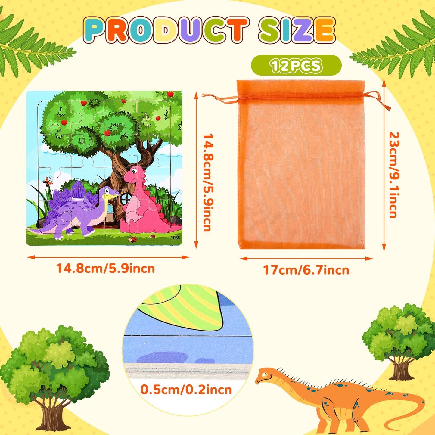 Sannix 12 Pack Dinosaur Wooden Jigsaw Puzzles With 12 Organize Bags, Dinosaurs Animals Toddlers Puzzles For Kids Ages 3 4 5, Party Favors Educational Learning Travel Toys For Boys Girls