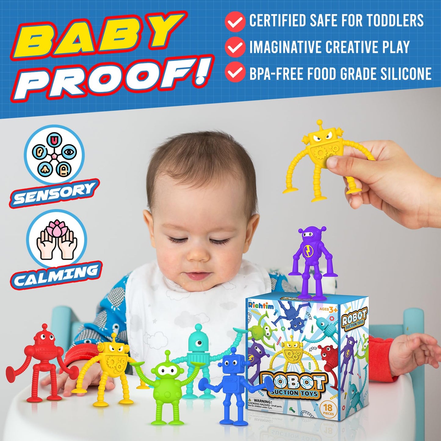 Baby Suction Toy Bath Toys: 18Pcs Robot Bath Toys For Toddlers, No Hole Bath Toy For Boys Girls Travel Toy Gift, Window Sensory Toys For Fun & Creativity, Suitable For Classroom Prizes, Party Favors