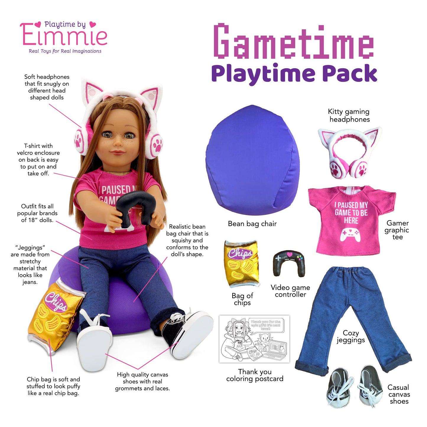 Playtime By Eimmie 18 Inch Doll Clothes - Gamer Girl Clothes, Shoes And Doll Accessories - Outfits Fit American, Generation & Si