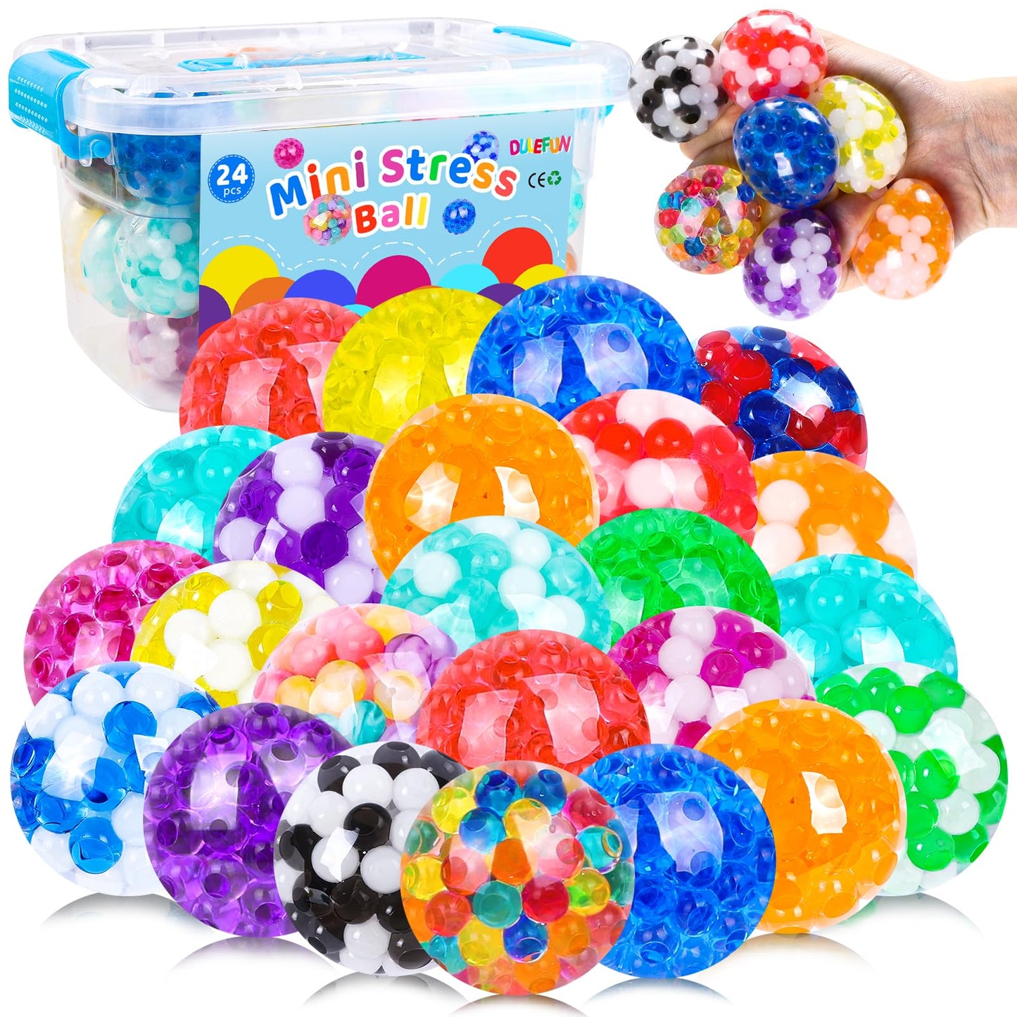 Dulefun 24Pcs Mini Stress Balls, Squishy Balls For Adults Stress Relief Squeeze Fidget Balls Set For Party Favors Birthday Goodi