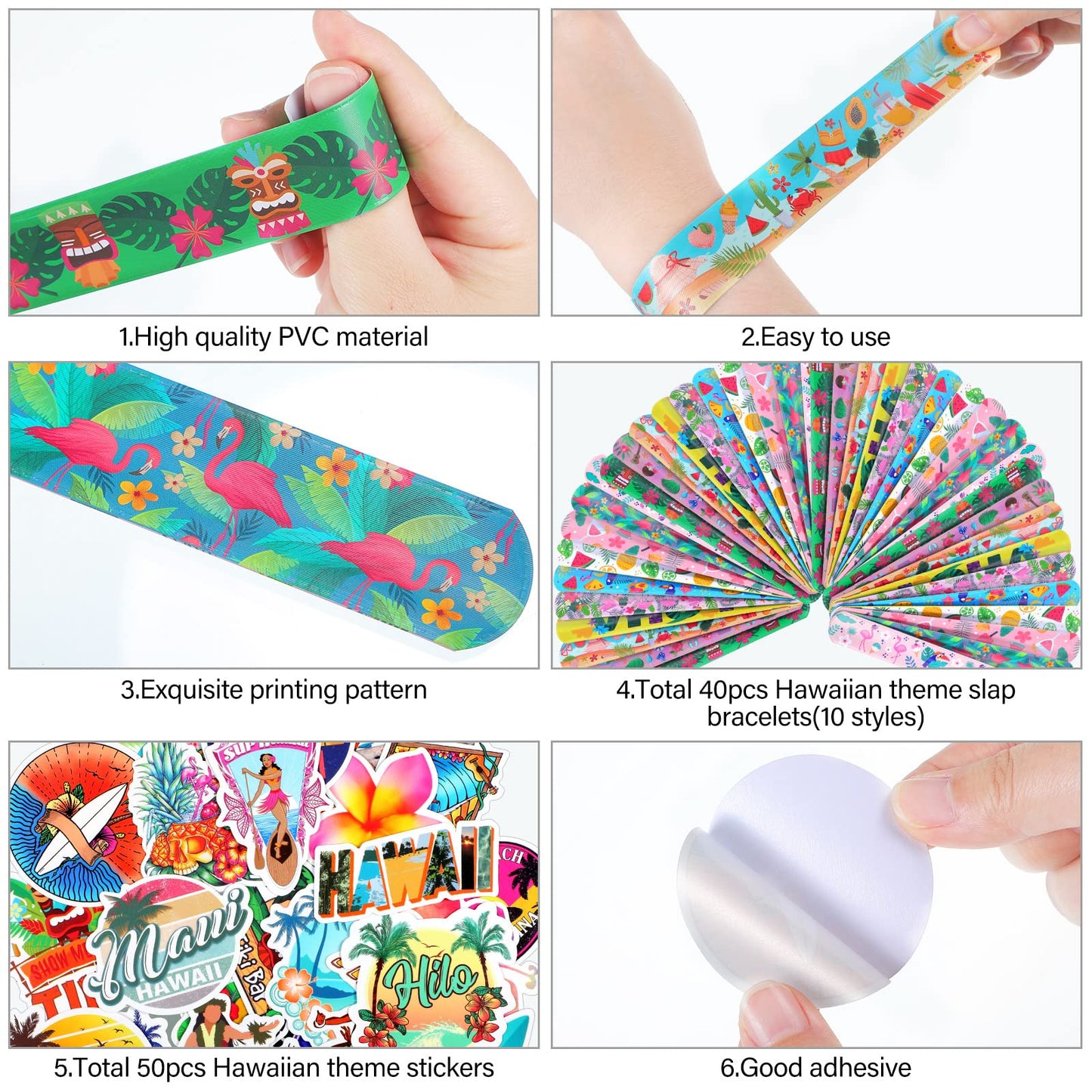 40 Pieces Hawaiian Theme Slap Bracelets with 50 Pieces Hawaii Stickers Summer Hawaii Snap Bracelet for Adult Luau Tropical Gifts