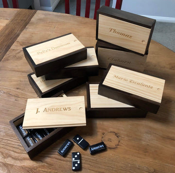 We Games Custom Engraved Double 6 Black Dominoes Set In Wooden Case