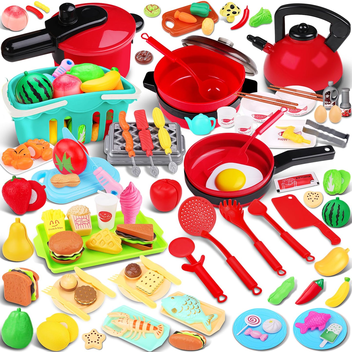 FunMission 134 Pcs Toy Kitchen Accessories, Pretend Cooking Toys with BBQ Grill, Pressure Cooker, Kettle, Pots, Pans, Kitchen Pl